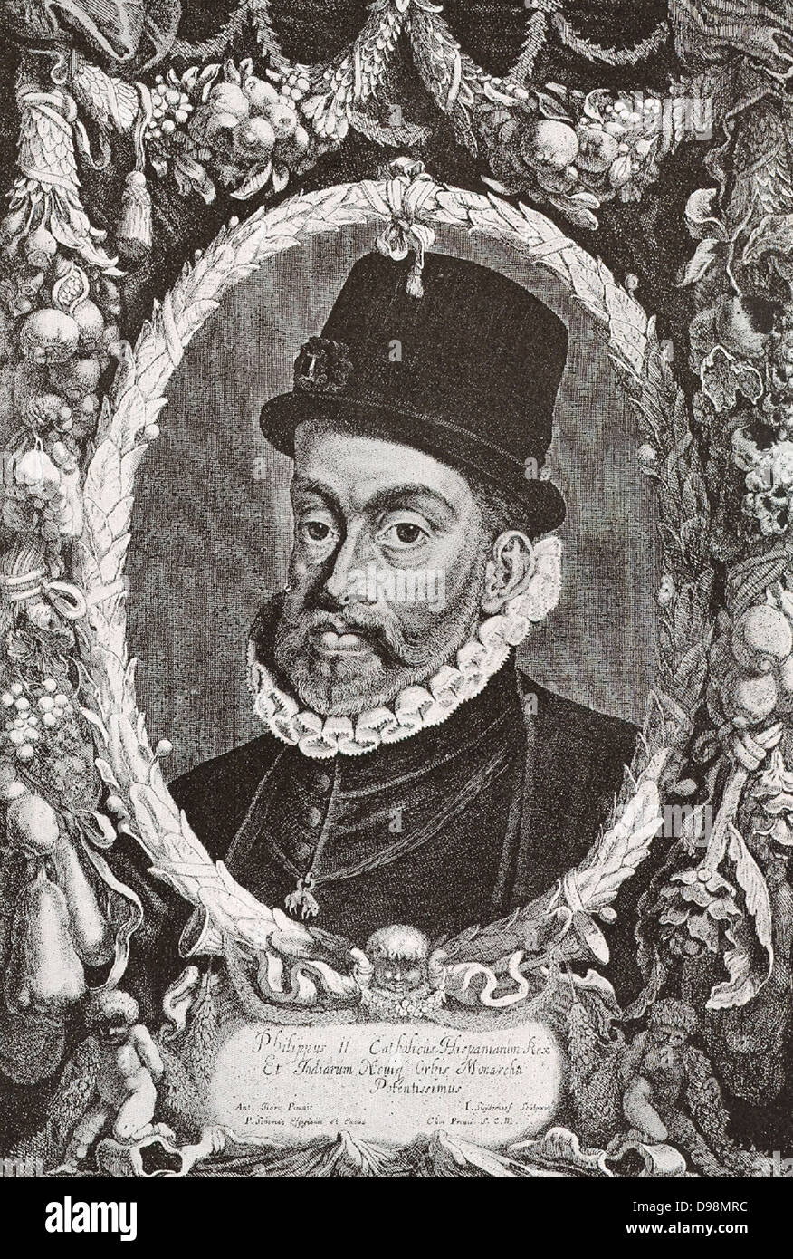 Philipp II. von Spanien 1527-1598, war König von Spanien, Portugal, Sizilien und Neapel, Während ich Maria, König von England und Irland verheiratet. Auch als Philip die umsichtige bekannt, herrschte er eines der größten Reiche der Welt, welche Gebiete, in jedem Kontinent dann den Europäern bekannt ist. Unter seiner Herrschaft in Spanien erreicht die Höhe von seinen Einfluss und Macht. Stockfoto