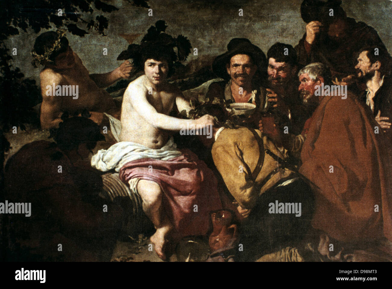 Fest der auch Bacchus' "Der Trinker". Diego Velasquez (1599-1660), spanischer Maler. Dionysius, in der griechischen Mythologie der Gott des Weines, hier mit dem betrunkenen spanischen Bauern. Stockfoto