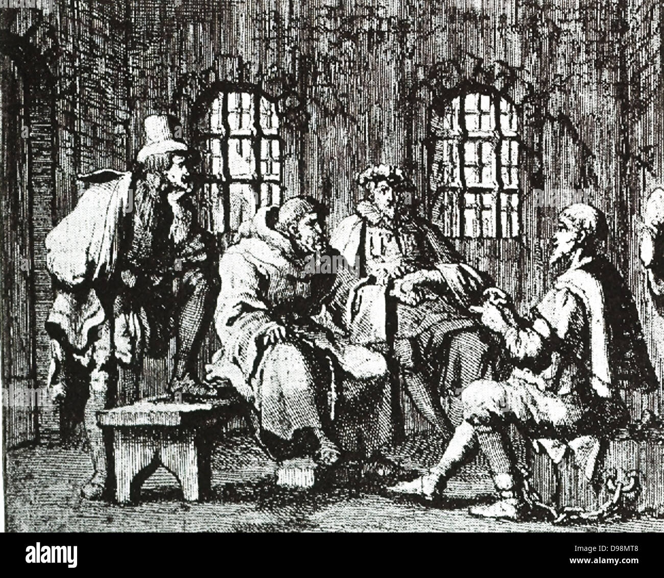 Jakob Reer im Dungeon (9 Mai 1569) ein 'disputation' mit Bruder Cornelis im vorderen von Herrn Jan van Damme, die Sekretärin, und Michael Houwaert", Sekretärin des Blutes' verhört. Stockfoto
