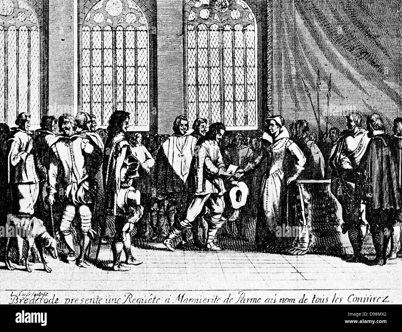 Im Jahre 1565 unter der Leitung von Ludwig von Nassau und Heinrich von Brederode erweiterte die Liga der Adligen. Hendrik van Brederode wurde ein Bekehrter zum Stockfoto
