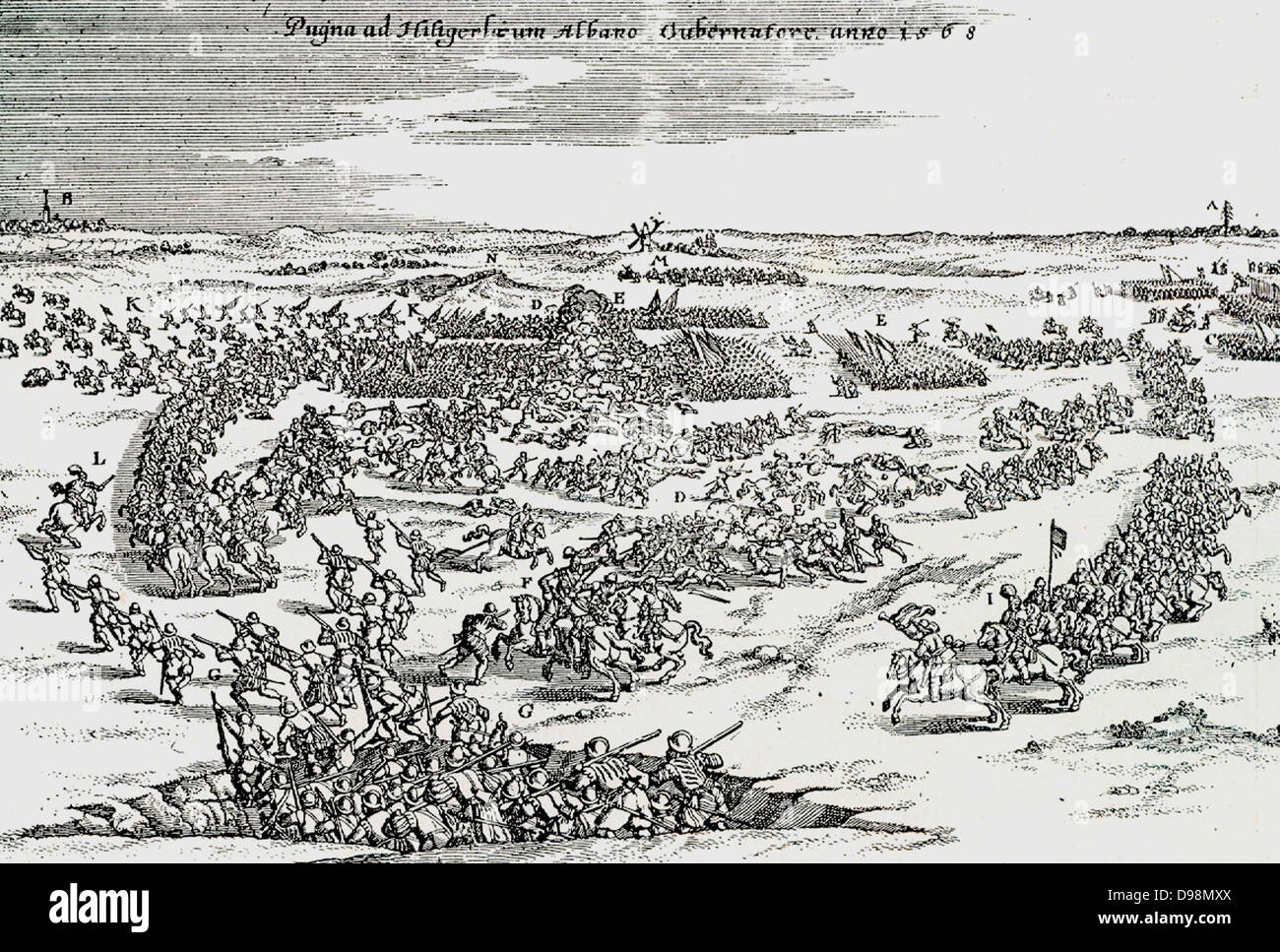 Graf Ludwig von Nassau Downs am 23. Mai 1568, bei Heiligerlee mit 3000 Fuß-Soldaten und 300 Kavallerie, die Spanische Armee unter dem Grafen von Aremberg, Adolf von Nassau getötet. Stockfoto