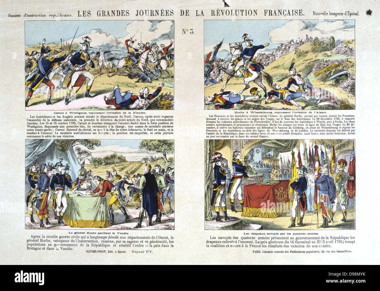 Tolle Tage der Französischen Revolution: 3. Top: Carnot in der Schlacht bei Wattignies, 1793. Hoche in Wissembourg, Dezember 1793. Unten: Hoche Befriedung der Vendee. Erfasst feind Flaggen der Republik, 1795 präsentiert. Drucken. Stockfoto