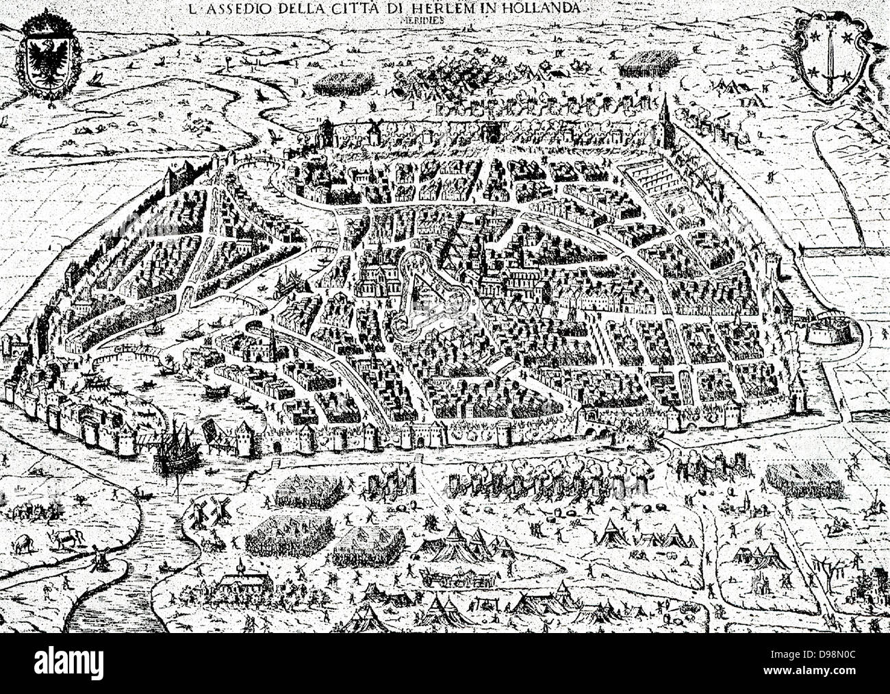 Die Belagerung von Haarlem war eine Episode des 80-jährigen Krieges. Ab 11. Dezember 1572 bis 13. Juli 1573 eine Armee von Philipp II. von Spanien blutigen Belagerung der Stadt Haarlem in den Niederlanden, deren Loyalitäten begonnen hatte, schwankte im vergangenen Sommer. Nach der Seeschlacht von Haarlemmermeer und der Niederlage von einem Land relief Kraft, die hungernde Stadt übergab und die Garnison wurde massakriert. Der Widerstand trotzdem wurde als heroische Beispiel durch die Orangists an der Belagerungen von Alkmaar und Leiden. Stockfoto