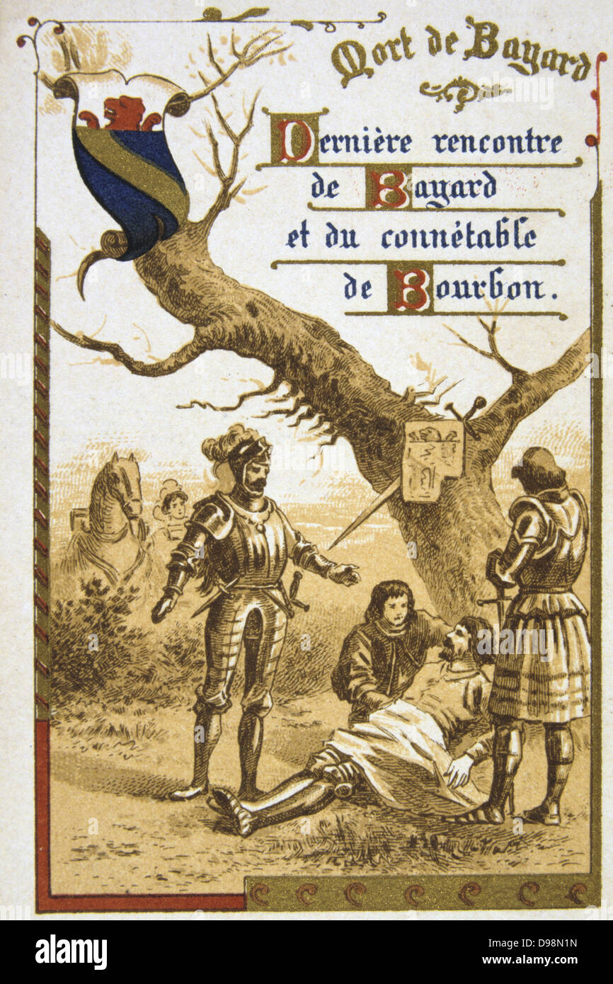 Pierre Terrail, Seigneur de Bayard (1475-1524) Französische Held, der 'Ritter ohne Furcht und Tadel". Bayard tödlich bei Karl V. von Frankreich die Invasion der Champagne verwundet. 19. Jahrhundert Handel Karte Lithographie Stockfoto