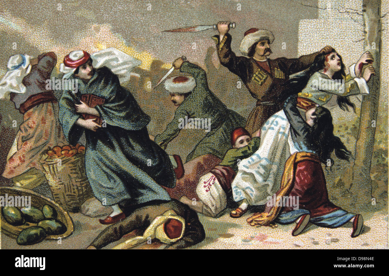 Das Massaker an den Armeniern durch die Osmanischen Türken unter Abdul Hamid, 1895-1896. Armenische Bewohner von Akhisar, in ihre Kehlen durchschnitten wurden. Religiösen Konflikt Türkei Handel Karte Französisch Chromolithograph Stockfoto
