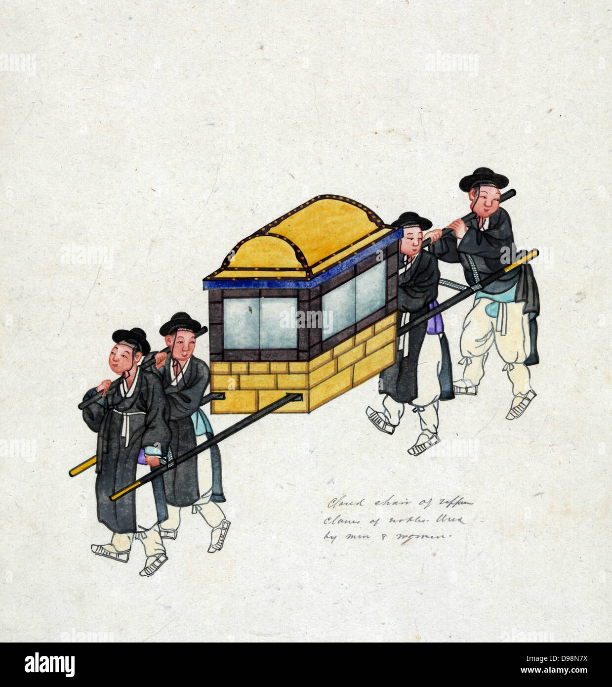 Koreanische Gama der privilegierten Klassen verwendet, eine Form der geschlossenen Stuhl ähnlich wie in einer Sänfte, Einstreu oder Sänfte, die von Trägern durchgeführt. Aquarell, c 1890. Transport Power Manual Mode Kleid Traditionelle Stockfoto