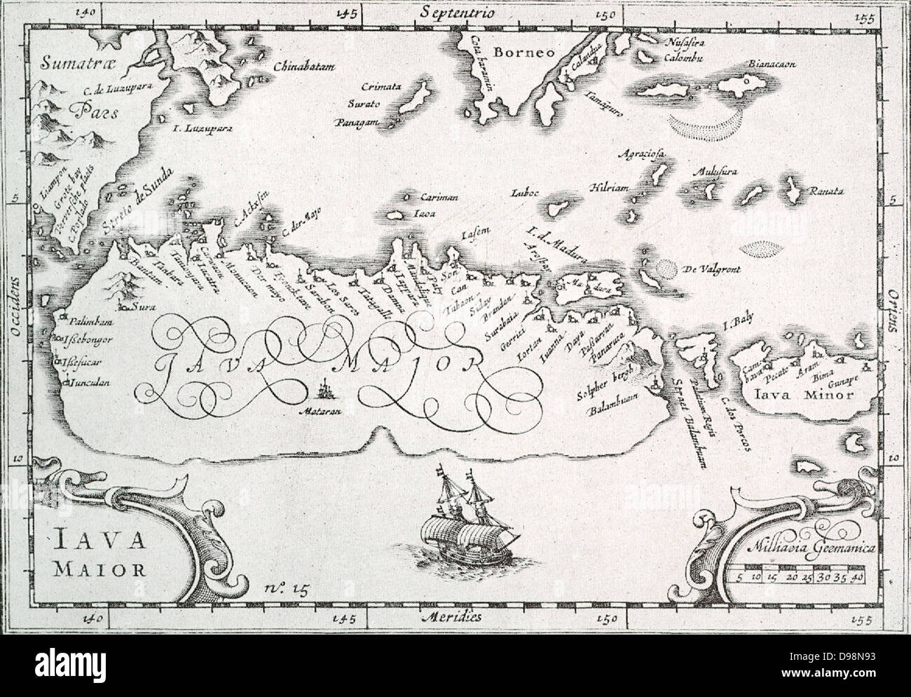 Karte von der Insel Java nach Bali und Lombok, wie die Holländer, die als Erste die indonesischen Archipel besucht, das wusste er. Die Kunst des Java war noch ziemlich unbekannt und wird nur sketchily angezeigt. Vom Journal der Houtman genommen (1595). Stockfoto