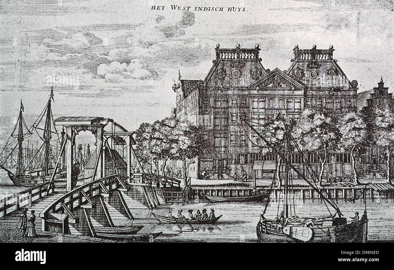 Das Lagerhaus der West India Company in Amsterdam, an der Ecke der Rapenburg, errichtet im Jahre 1642. Stockfoto