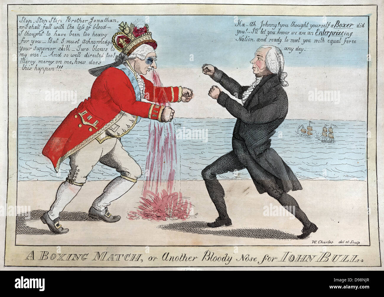 Krieg von 1812 (anglo-amerikanischen Krieg 1812-1815): "Der Boxkampf, oder andere blutige Nase für John Bull". Georg III. von James Madison, triumphierend über den Verlust der britischen Schiffe verwundet. William Charles (1776-1820) Scottish - amerikanische Stockfoto