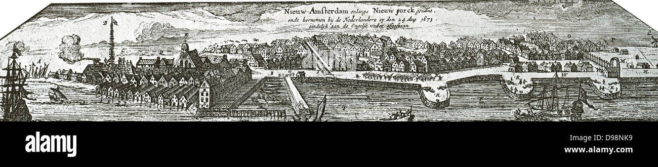 New Amsterdam (später New York) im Jahre 1673 dargestellt. Stockfoto