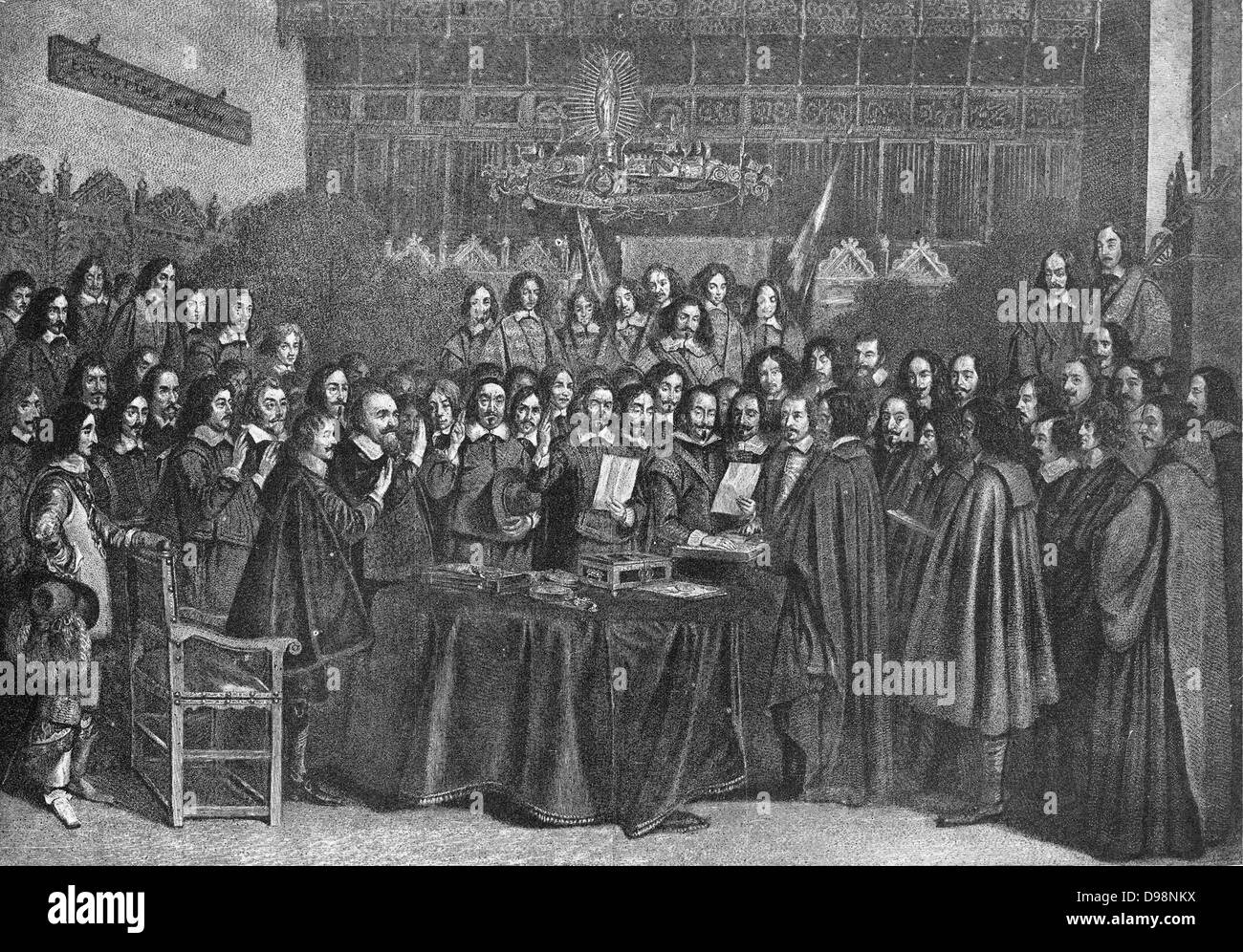 Der Westfälische Frieden, 30. Januar 1648 endete der Krieg von OCTOGENARIANS. Die niederländische Republik wurde als unabhängiger Staat zu sein. Die große Halle des Münsteraner Rathaus an diesem denkwürdigen Tag. Stockfoto