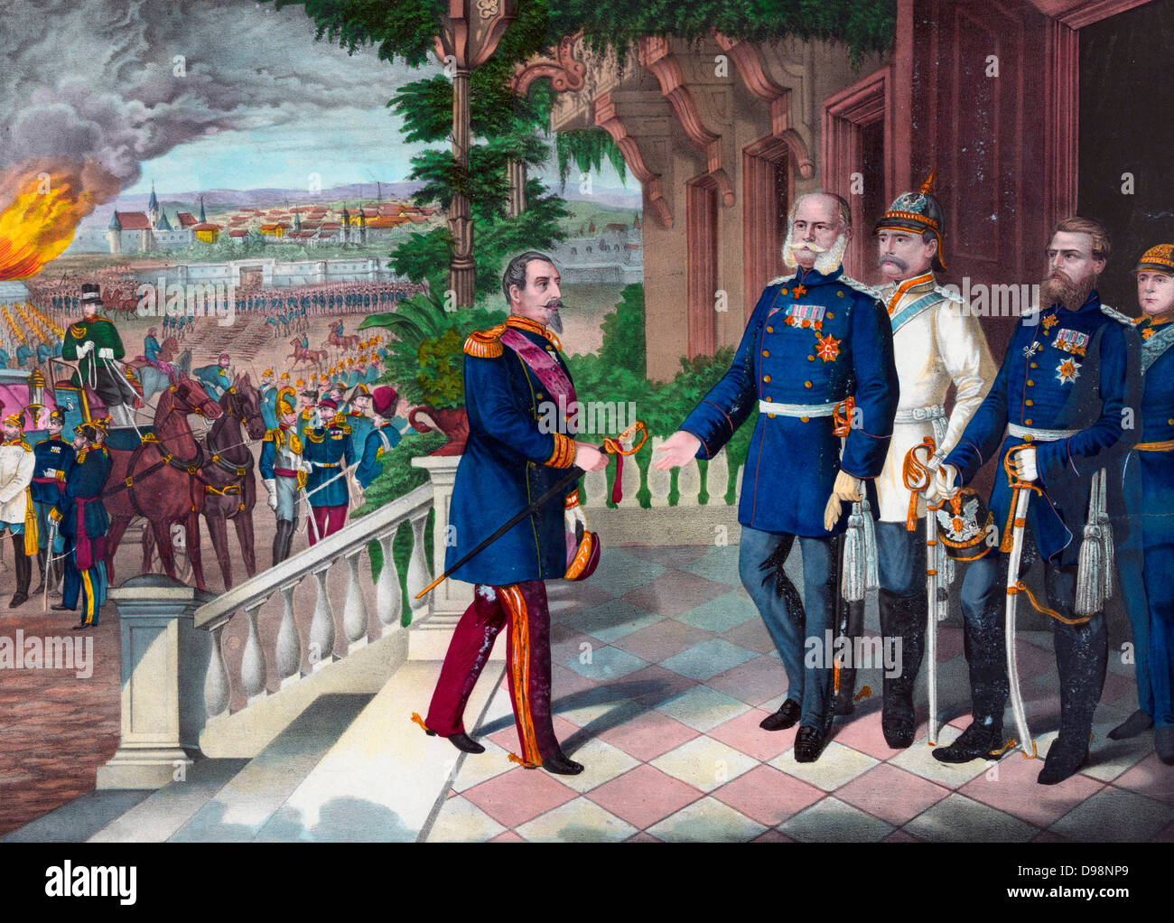 Deutsch-französischen Krieg 1870-1871: Napoleon III. von Frankreich übergab sein Schwert Wilhelm I. von Deutschland am 2. September 1870 Nach dem überwältigenden Niederlage der Franzosen. Kaiser Stockfoto