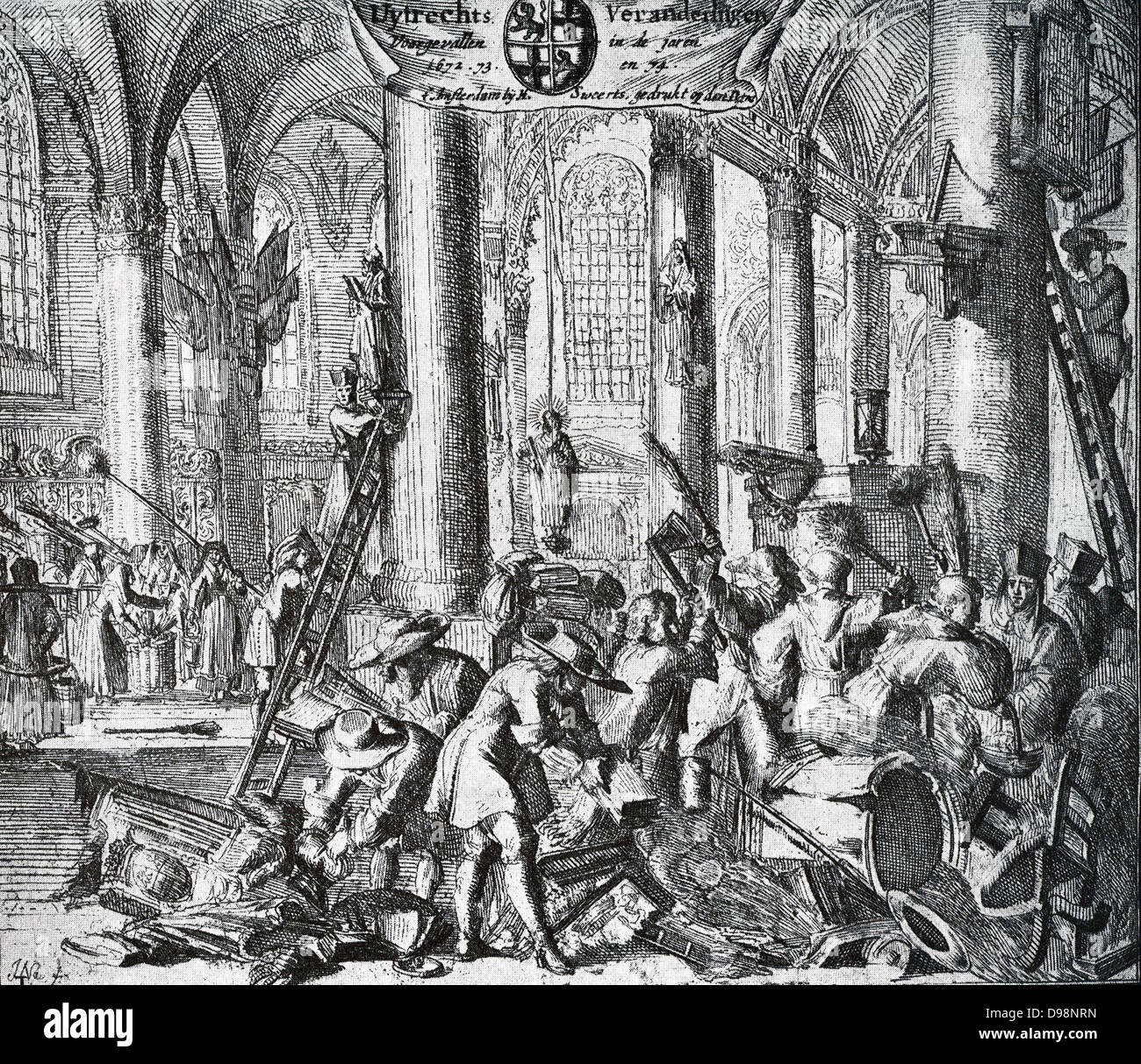 1672-1674. Im Jahre 1672, als die Französische genommen hatte Besitz von Utrecht, wurde der Dom wieder in Gebrauch für die Katholiken Gottesdienst gebracht. Die Kirche war 97 neue Icons in gebracht wurden, während die evangelischen Bibeln, Sammlung Taschen,, Stühle usw. verbrannt wurden, Stockfoto