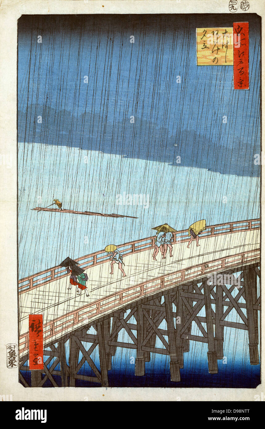 Plötzliche Dusche über Oshashi Brücke und Atake', 1857. Utagawa Hiroshige (1797-1858) japanischen Ukiyo-e Künstler 'Hundert berühmten Blick auf Edo (Tokyo). Fußgänger gefangen im schweren Regen auf Holzbrücke. Tiefbau Wetter Stockfoto