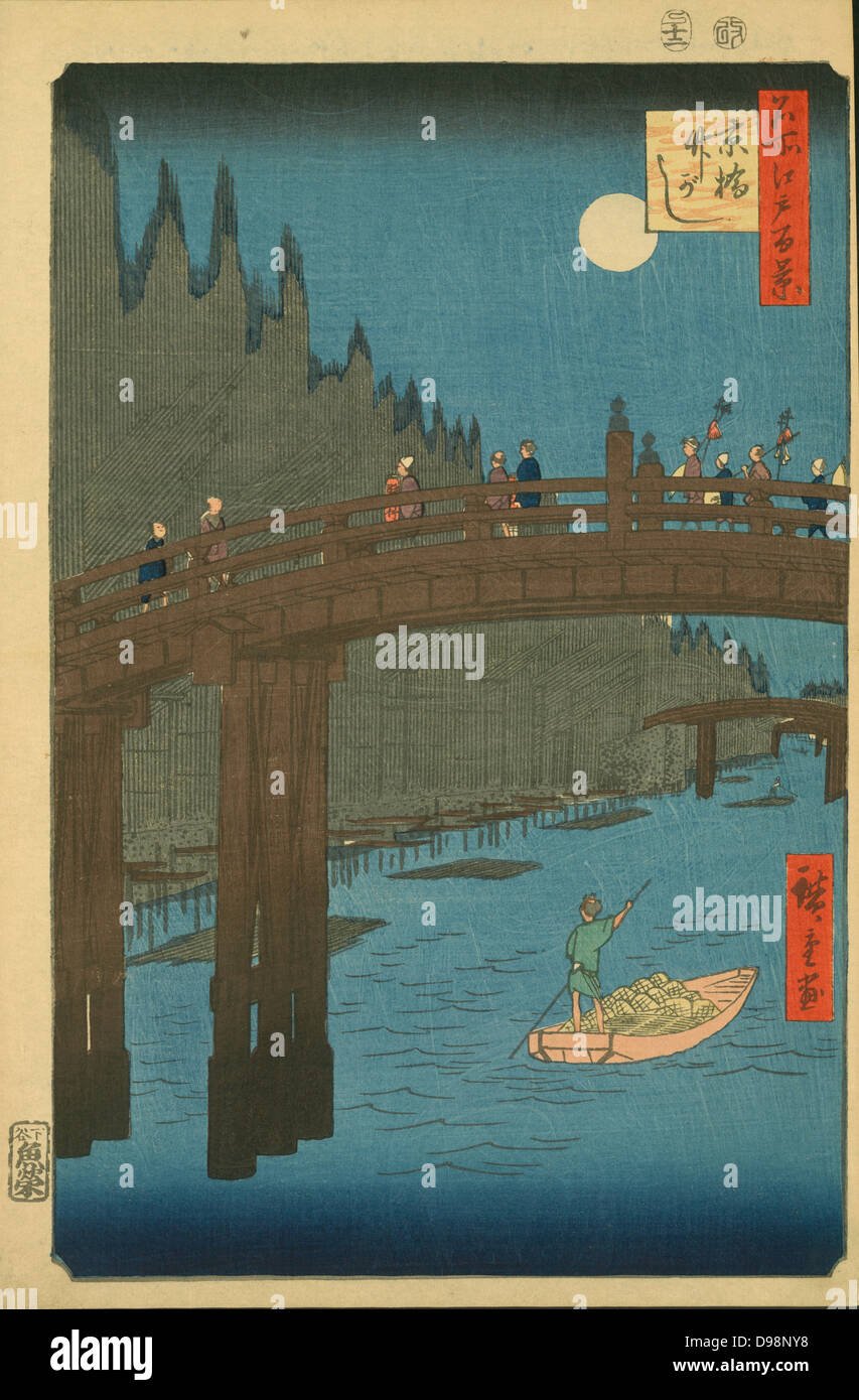 Bambus Yards, Kyobashi Brücke", 1857. Von "100 berühmten Ansichten von Edo (Tokyo). Utagawa Hiroshige (1797-1858) japanischen Ukiyo-e Künstlers. Von moonlight Fußgänger überqueren Sie die Brücke. Man Polen Boot auf dem Fluss. Bambus auf der linken Seite. Stockfoto