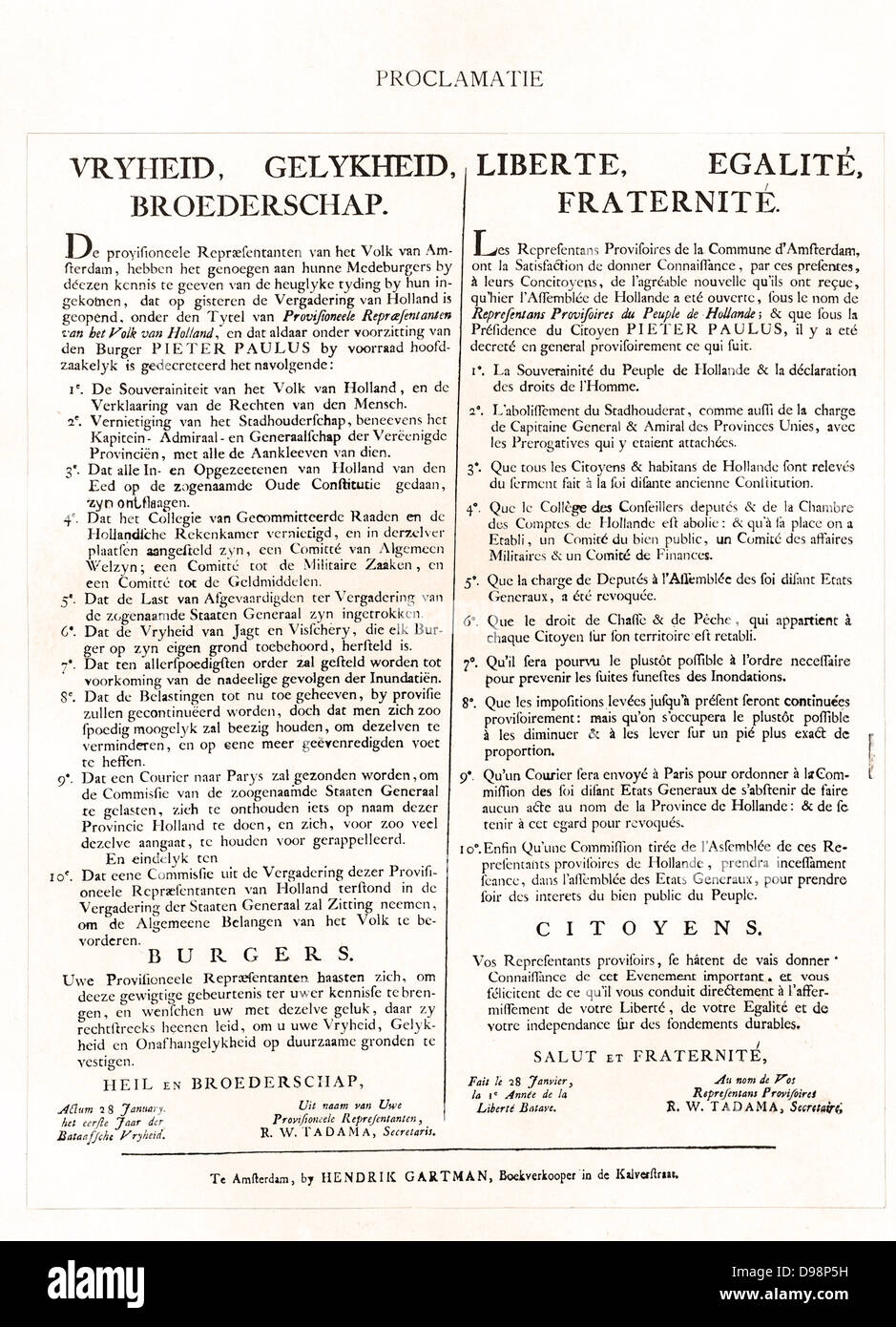 Veröffentlichung in den Niederlanden einer Französischen und Niederländischen Version der Verkündigung der Menschenrechte in der Folge der Französischen Revolution. Ca. 1789-94. Stockfoto