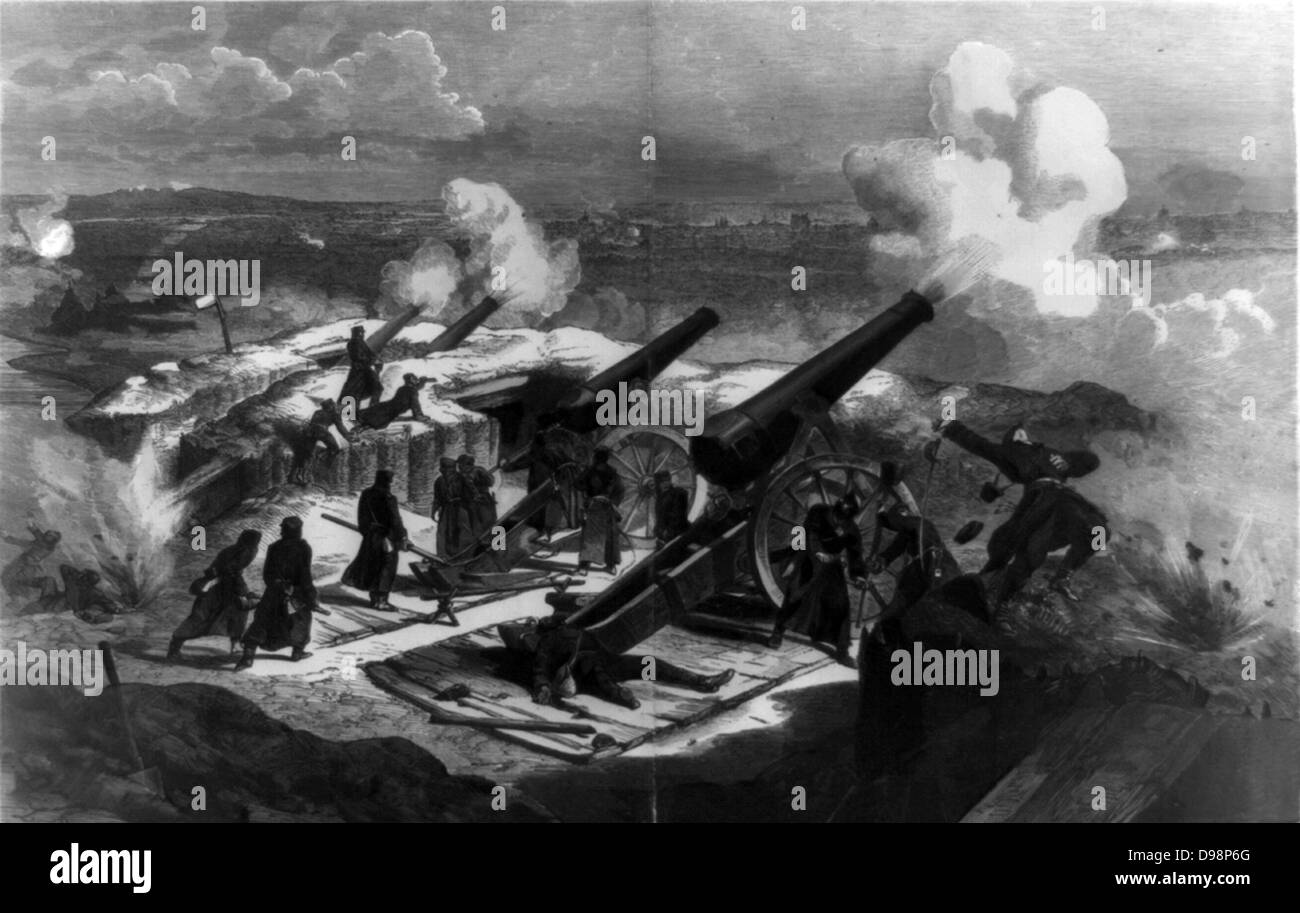 Deutsch-französischen Krieg 1870-1871: preußische Artillerie Batterie bombardieren belagerte Paris, Januar 1871. Die Preußen sind Opfer von eingehenden Feuer. Frankreich Stockfoto