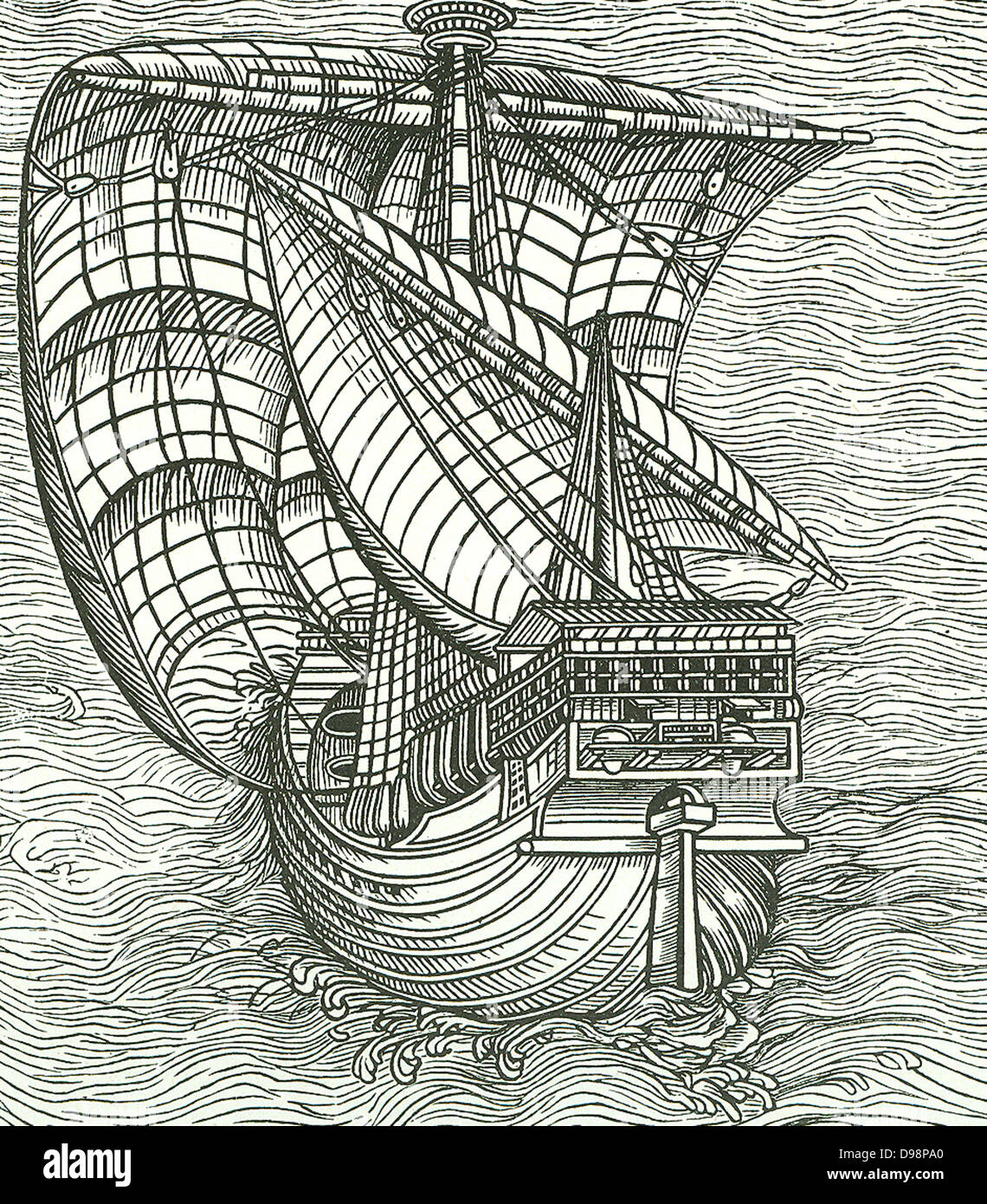 Portugiesische Mann des Krieges. In ähnlichen Schiffen entlang der Küsten, die Portugiesen haben ihren berühmten Voyages erreicht. Um 1270 der Kompass, Box und Nadel kombiniert, begann mehr frei von Mariners verwendet werden und stark profitiert die genaue Seekarten. Stockfoto