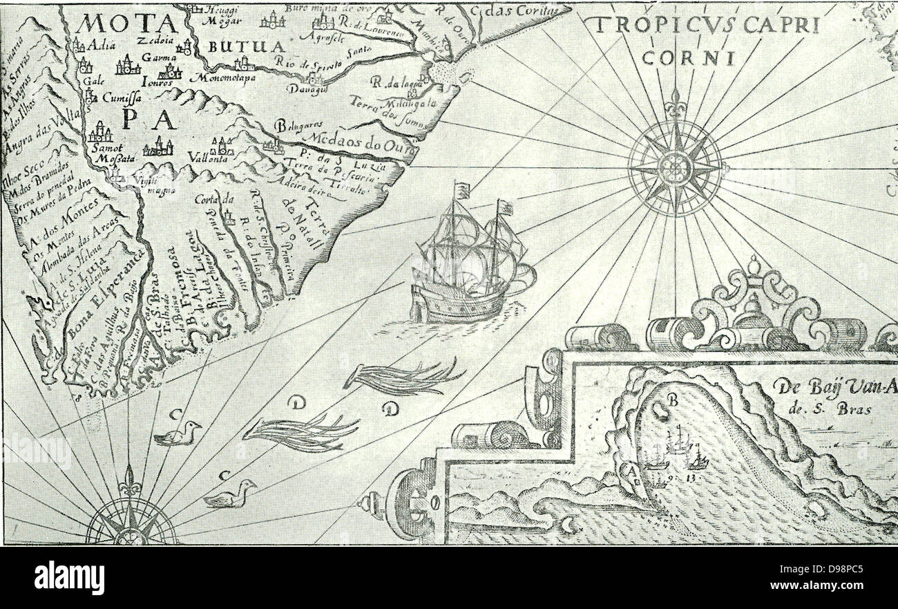 Die Form von Südafrika, wie unter oder über 1640 beschrieb, durch die Niederländer, hatte bereits Niederländische Namen einiger Buchten. In der rechten Ecke ein Bild von der Bucht von Sao Bras (jetzt Mosselbay) wird gegeben. Möwen und sogenannte trombas sind auf dem Meer schwimmende. Stockfoto