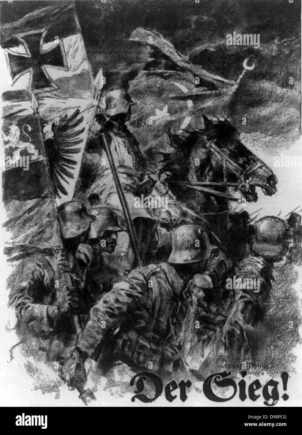 Zum Sieg! ": deutsche Truppen, auf dem Pferderücken, mit Fahnen und voran in die Schlacht. Ersten Weltkrieg, 1917. Stockfoto
