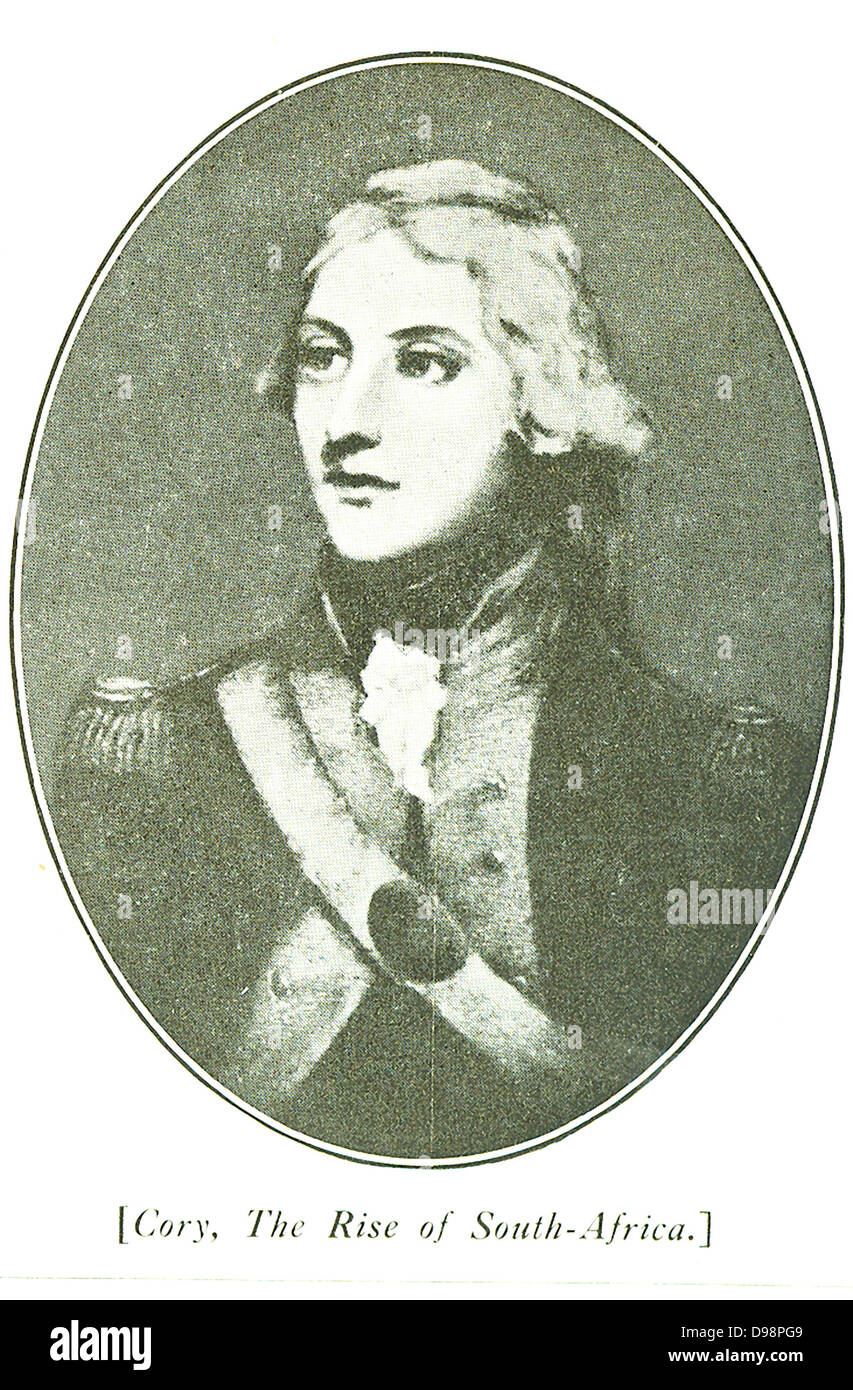 Colonel Graham. Der kaffirs an der Ostgrenze weiterhin beschwerlich und gefährlich Vieh Diebe sein, der Gouverneur, Sir John cradock angehoben eine Kraft der Bürger, europäische Soldaten und Hottentors, unter dem Kommando von Colonel Graham (nach denen Grahams Stadt im Jahre 1812 genannt wurde). Der kaffirs wurden über den Fish River gefahren. Stockfoto