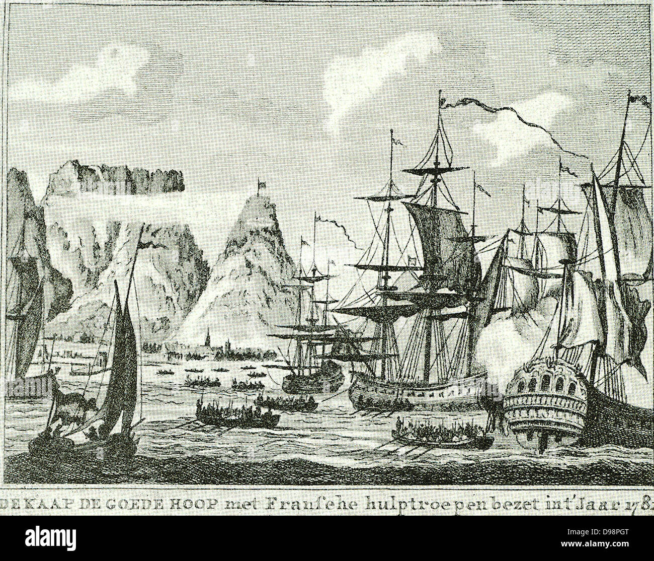 Während der Englisch-niederländischen Krieg von 1780-1784 England zur Inbesitznahme des Kaps. Pierre Andre de Suffren St Tropez war mit einer mächtigen Flotte das Kap zu schützen. Aus Porto Praya kämpfte er die britische Flotte unter dem Kommando von Commodore Johnstone. Er dann nach Kapstadt, die für Verteidigung vor johnstones Ankunft bereit war, eilte. Stockfoto