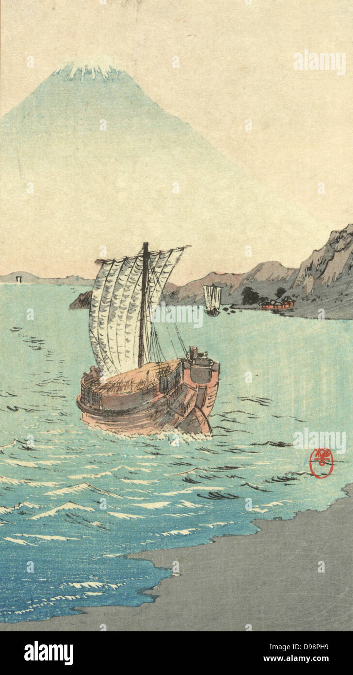 Boot segeln entfernt von der Küste, Mount Fuji im Hintergrund. 1900-1920. Der japanische Künstler Shokoku Yamamoto (1870-1965). Stockfoto