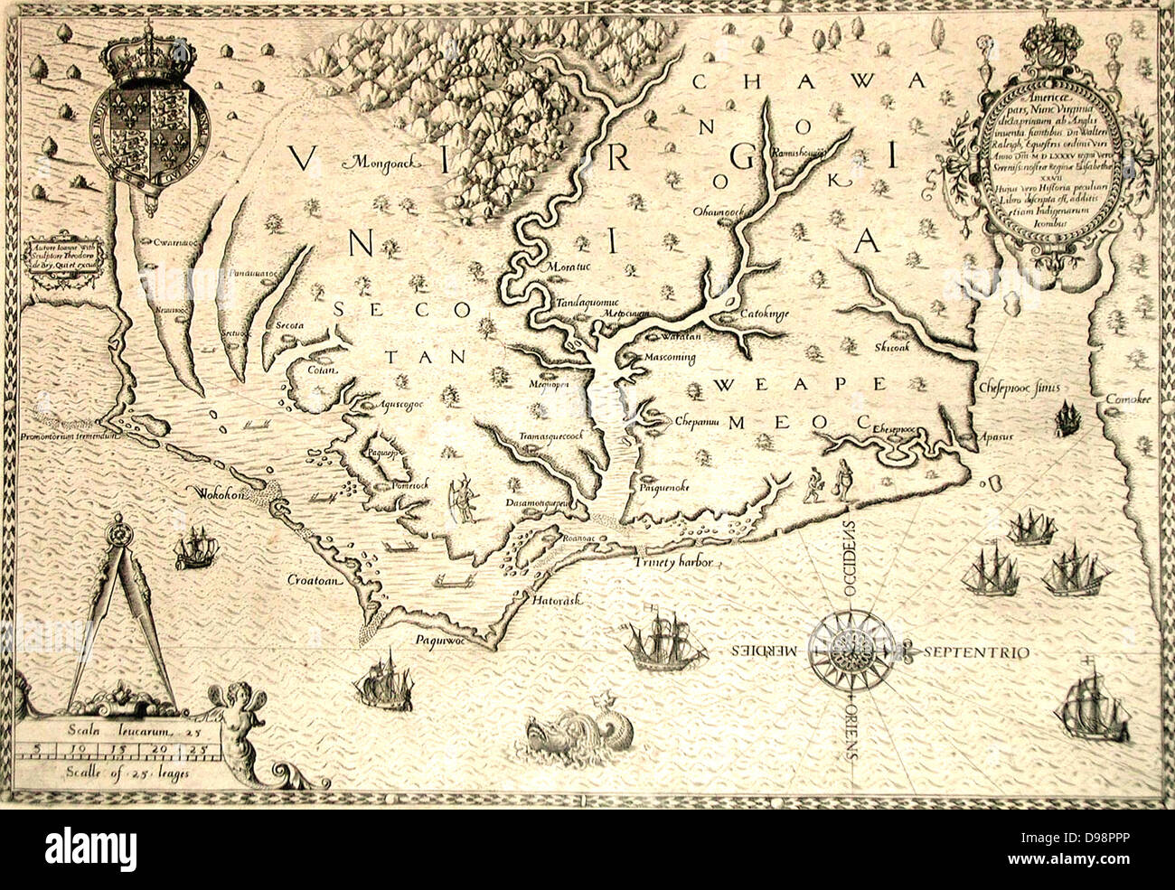 Karte von 1590 gestochen von Theodore de Bry nach Aquarell von den englischen Kolonisten John White, Gouverneur von Roanoke. Virginia und an der Küste mit kleinen Inseln und Roanoke an der Mündung des Flusses. Weapemeoc Secotan und Heimat. Stockfoto
