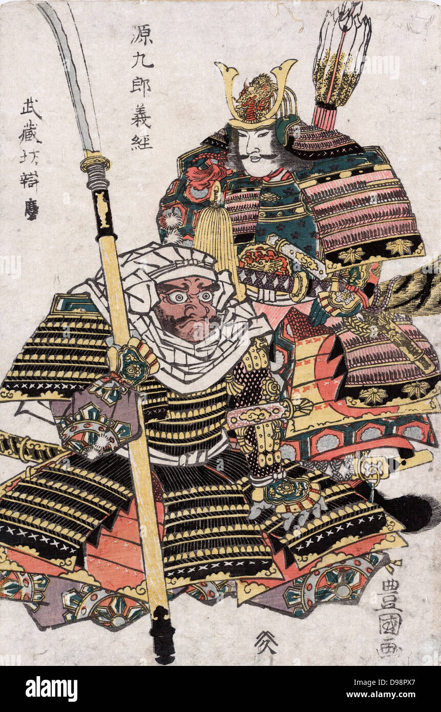 Samurai Warriors Genkuro Yoshitsune und Musashibo Benkei in voller Rüstung: Drucken c 1810. Utagawa Toyokuni III (1786-1865), genannt auch Utagawa Kunisada. Waffe Lance Hecht Pfeil Schwert Stockfoto