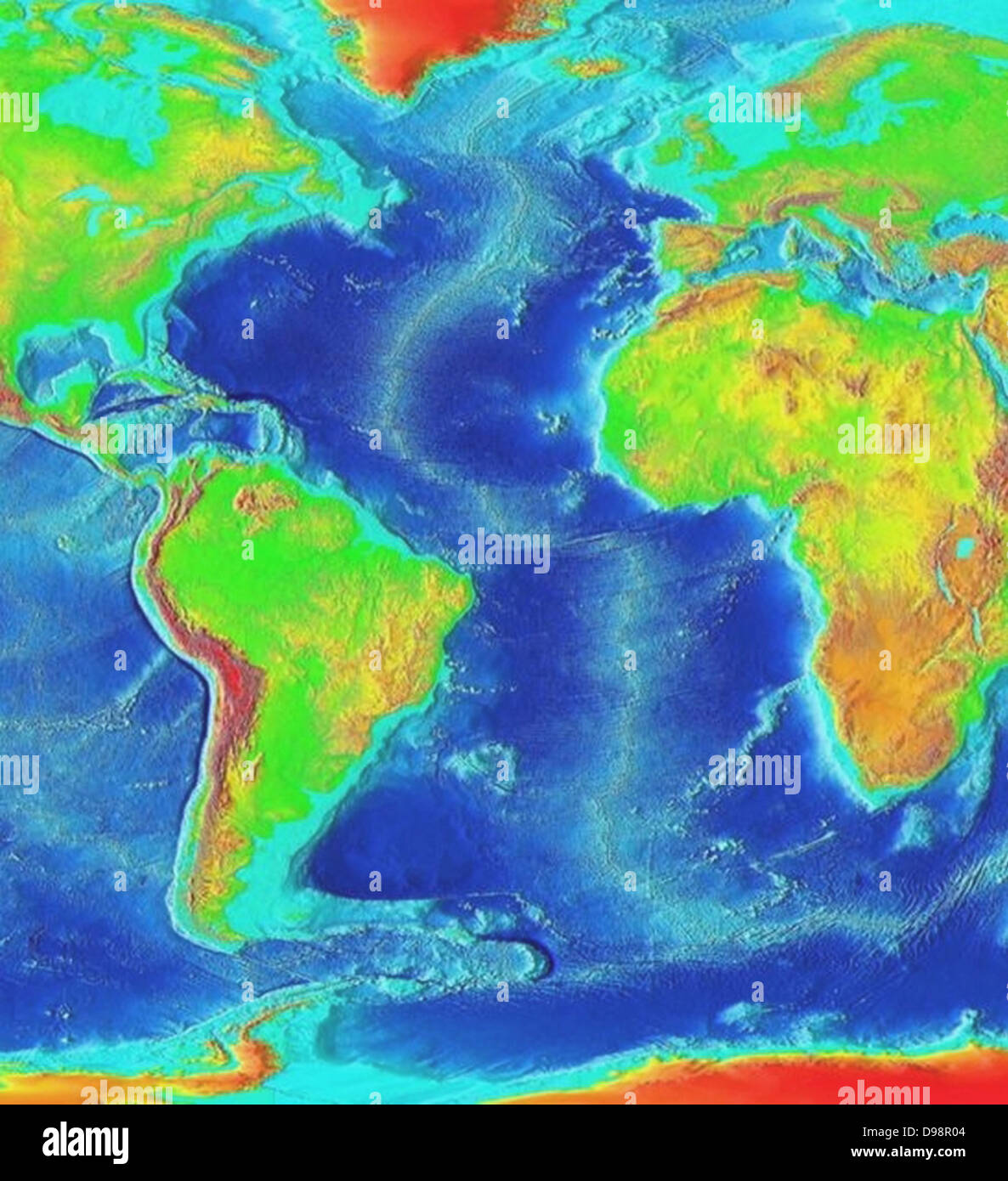 Satelliten thermografischen Bild auf den Atlantischen Ozean, die kältesten Gebiete in der Arktis, Antarktis und den hohen Anden als leuchtendes Orange. Nationalen ozeanischen und atmosphärischen Administration (NOAA). Wissenschaft Stockfoto