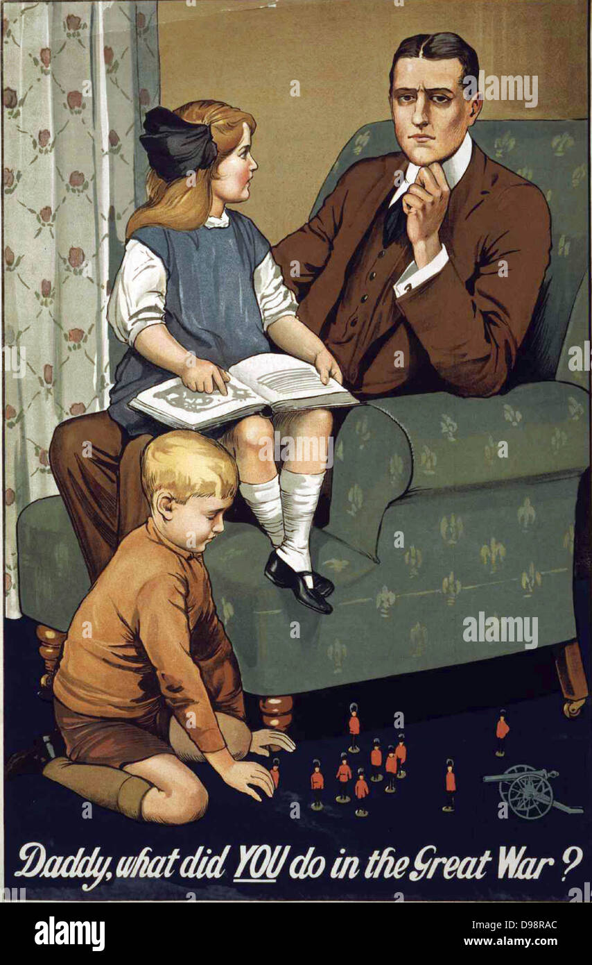 Papa, was hast du im Großen Krieg tun?. Erster Weltkrieg (1914-1918) Britische Propaganda Rekrutierung Poster. Mann im Sessel mit kleinen Mädchen auf seinem Knie denkt, was konnte er seinen Kindern erklären, wenn er nichts getan. Stockfoto