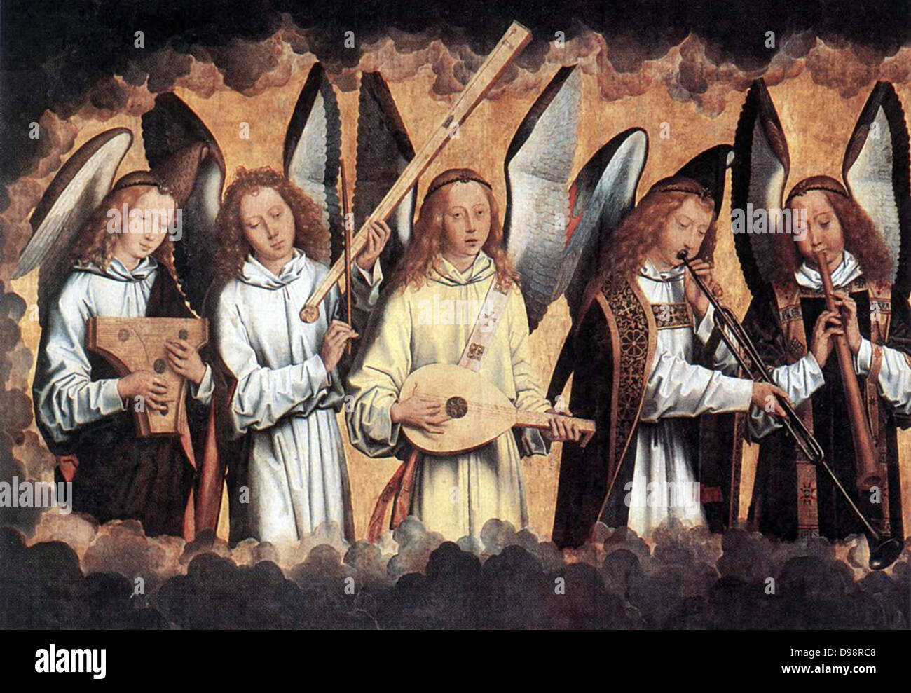 Engel Musiker (links), 1480. Öl auf Holz. Hans Memling oder Memlin (c) 1430-1494 in Deutschland geborene Frühen niederländischen Maler. Engel von Wolken Musik machen auf verschiedenen Instrumenten umgeben. Christian Stockfoto