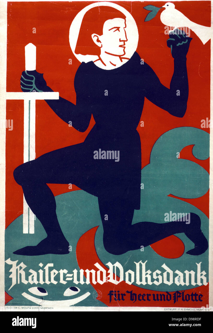 Die Dankbarkeit der Kaiser und die Leute zum Heer und Marine". Weltkrieg deutsche Poster 1916. Abbildung erinnert an eine Teutonische Ritter kniet Schwert in der Hand, eine Taube des Friedens mit Oliven Zweig im Schnabel, auf Knight's Faust ruht. Stockfoto