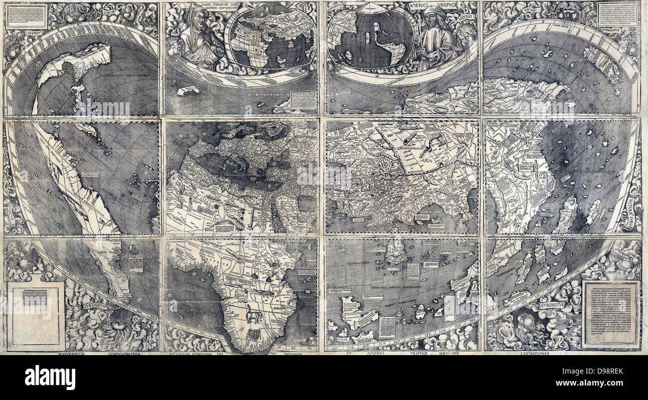 Martin Waldesmüller war der erste Kartograph Amerika als eigener Kontinent zu identifizieren, und benannte es nach Amerigo Vespucci. Im Jahr 1507 veröffentlichte, werden die zwölf-Landkarte, die Universalis Cosmographia, war auch einer der ersten europäischen Karten Längen- und Breitengrad zu zeigen. Karte von Martin Waldseemüller Stockfoto