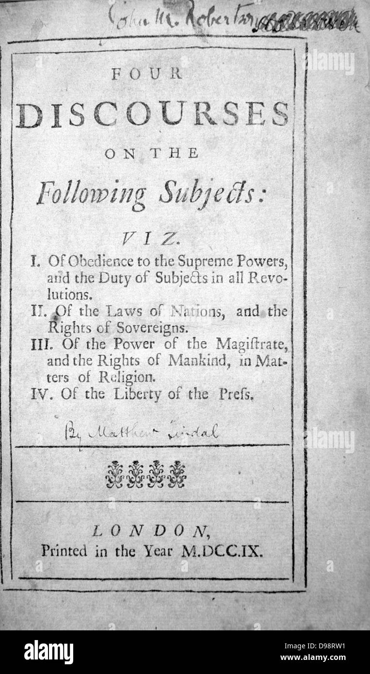 Matthäus Tindal ((1657-1733) Englisch Christian Deist. Titel Seite seiner "Vier Diskurse....', 1709, einschließlich der Freiheit der Presse' und 'Kraft der Magistrat und die Rechte der Menschen in den Angelegenheiten der Religion'. Philosophie Politik Stockfoto