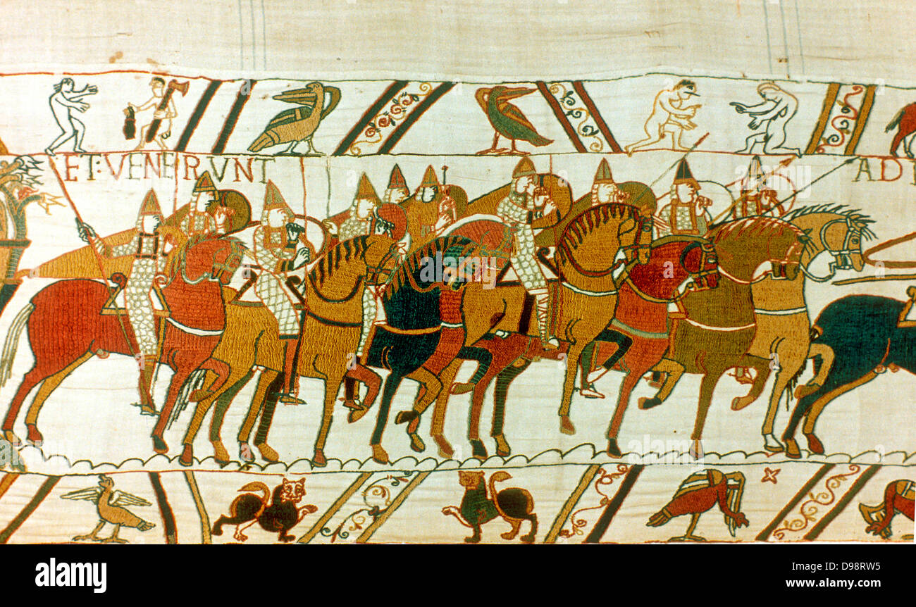 Bayeux Tapetry 1667: William der Eroberer Normannische kavallerie, in der sie Englisch Kräfte Harold's II, Schlacht von Hastings, 14. Oktober 1066. Bettwäsche aus Spinnstoffen Stockfoto