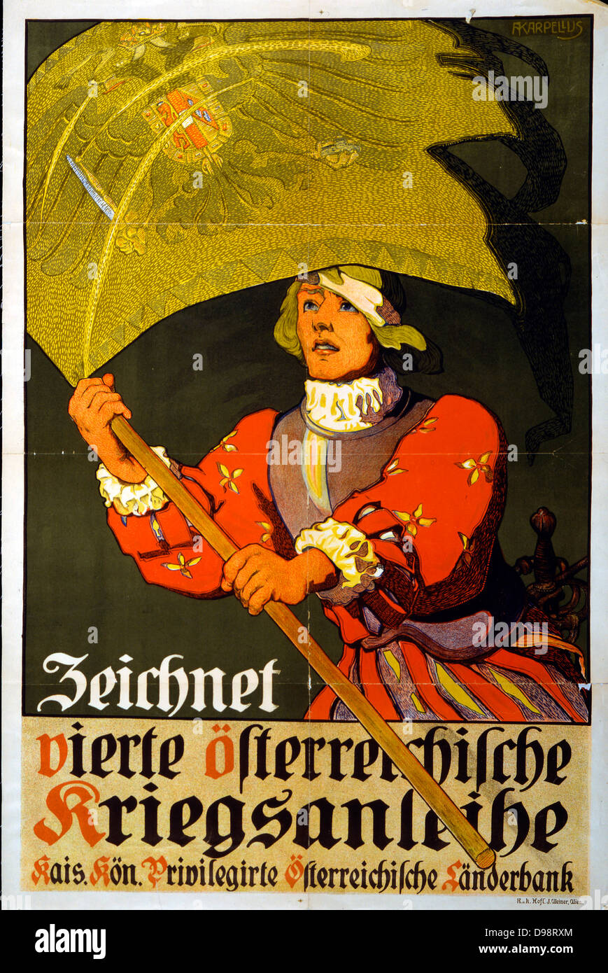 Der erste Weltkrieg 1914-1918: "subscribe an österreichische Plakat der 4. österreichischen Darlehen" von 1916 zeigen 16. Jahrhundert Soldat mit einem Standard mit der österreichisch-ungarischen Doppelte - Adler an der Spitze verziert. Stockfoto