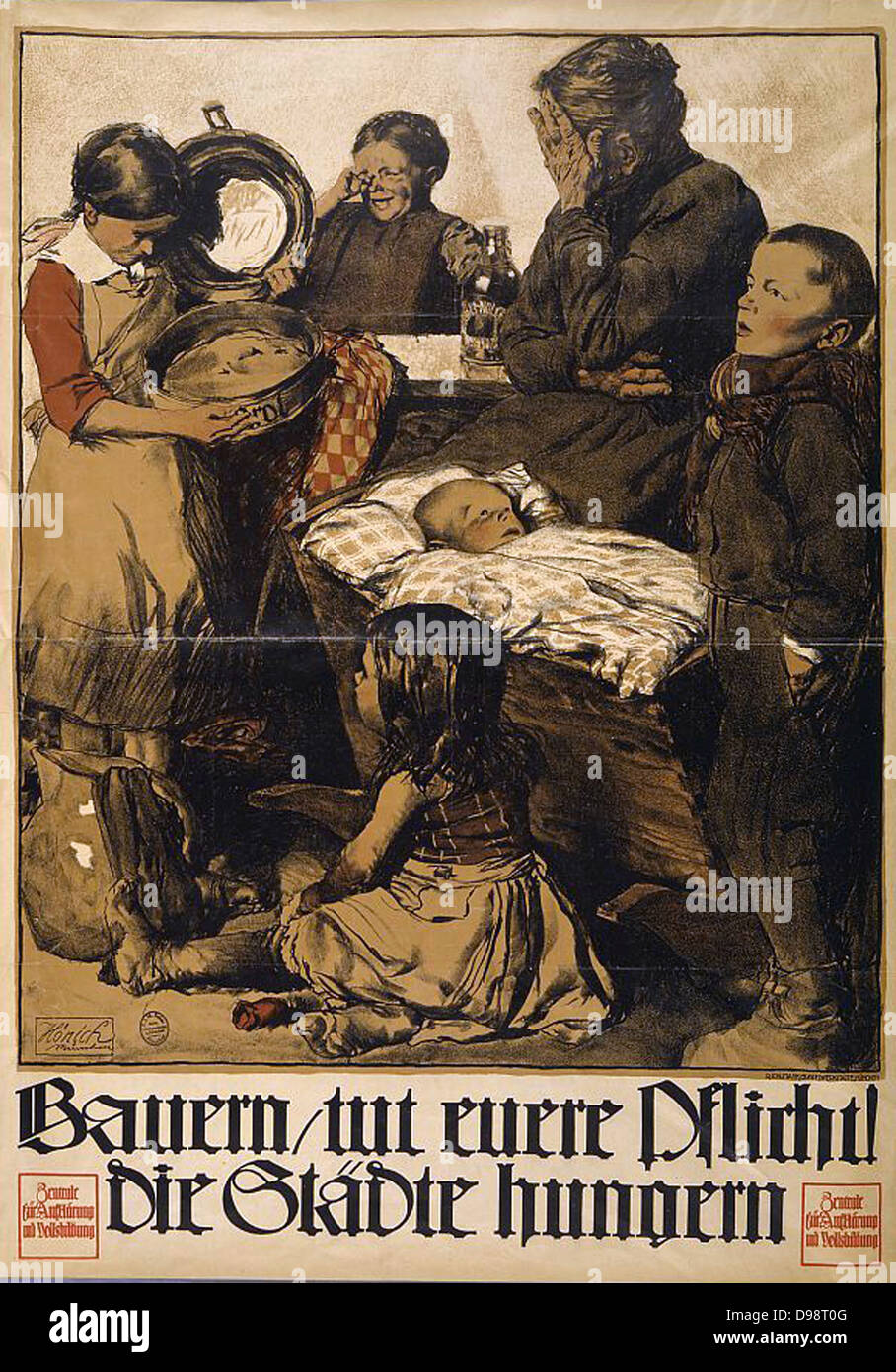 Landwirte, ihre Pflicht zu tun! Die Städte sind verhungert. Verzweifelte Mutter und fünf hungernde Kinder, einer Holding eine leere Brot Dose. Deutsche Plakat, 1919, als Reaktion auf das Ergebnis des Ersten Weltkriegs Lebensmittelknappheit Hunger Stockfoto