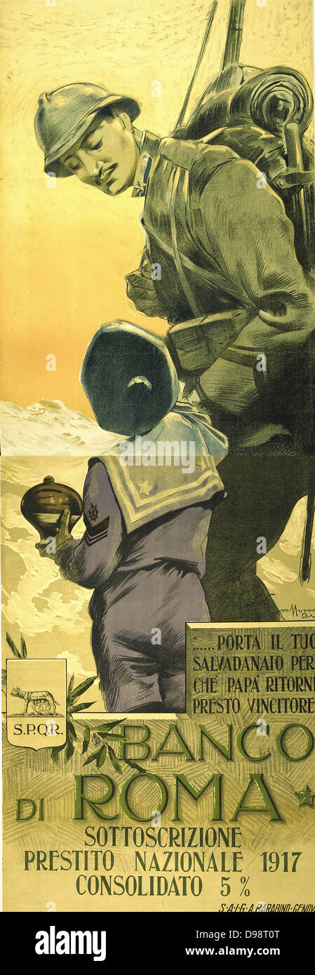 Der erste Weltkrieg Plakat, Anzeigen ein italienischer Soldat an seinem Sohn gesucht. Text lautet: Bank von Rom, abonnieren Sie den Nationalen konsolidierte Darlehen, 1917, ihr Geld zu öffnen, so dass Papa schnell siegreich zurückkehren können. 1917, von Aurelio Craffonara 1875-1945, Künstler. Stockfoto