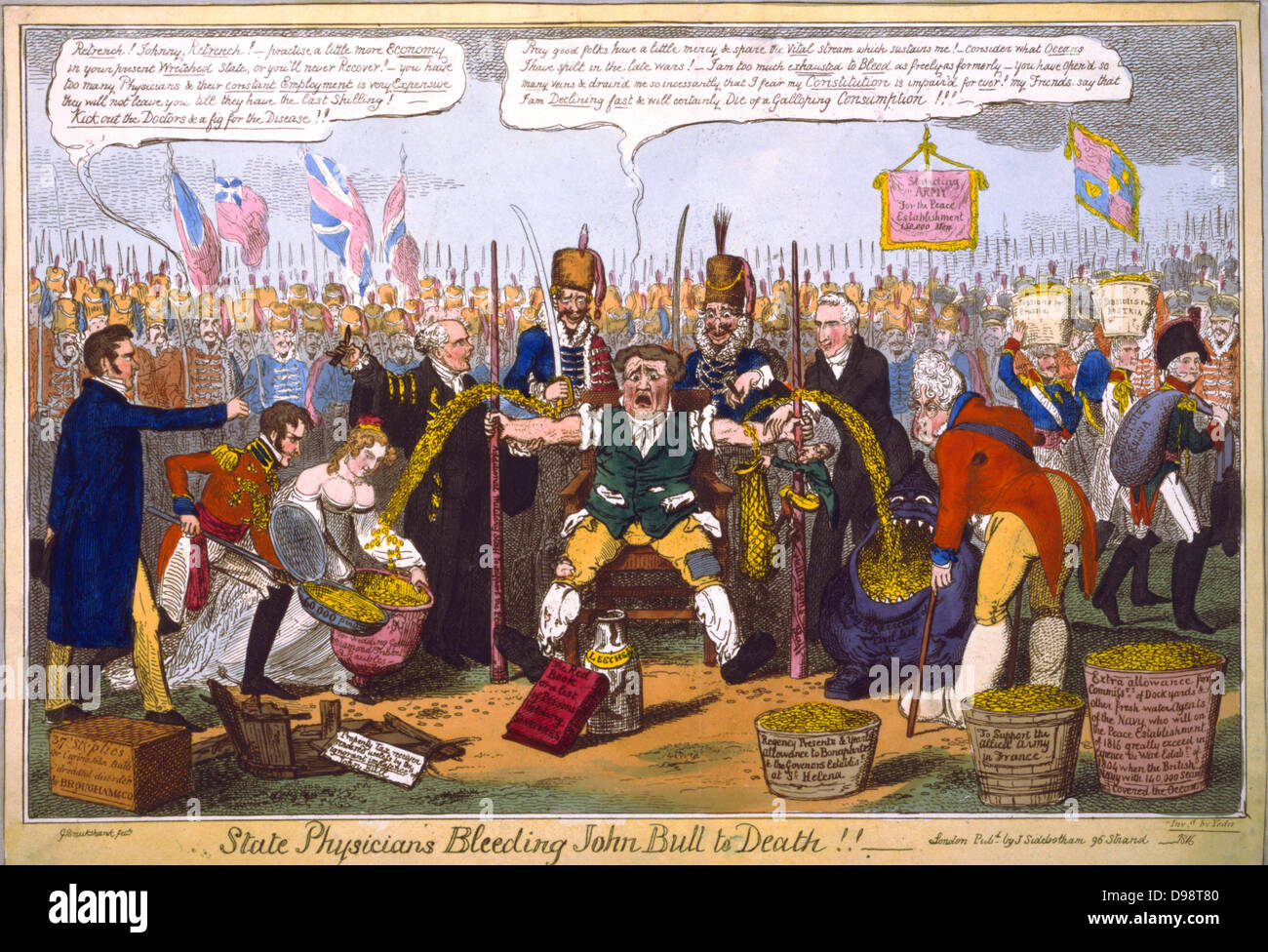 Staatliche Ärzte Blutungen John Bull zu Tode!!, G Cruikshank Cartoon 1816. Von links: Lord Brougham, Prinz Leopold und Prinzessin Charlotte, Finanzminister, John Bull, Castlereagh, George IV, Preußen, Österreich, Russland Gold nehmen. Stockfoto