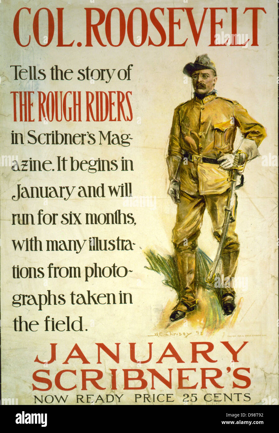 Theodore Roosevelt (später US-Präsident) als Oberst des lst United States Freiwillige Kavallerie, eine der drei Freiwilligen Regimenter, die in den Sanish-American Krieg 1898 zu kämpfen. Werbung für Scribner's Magazine, New York, 1898. Stockfoto