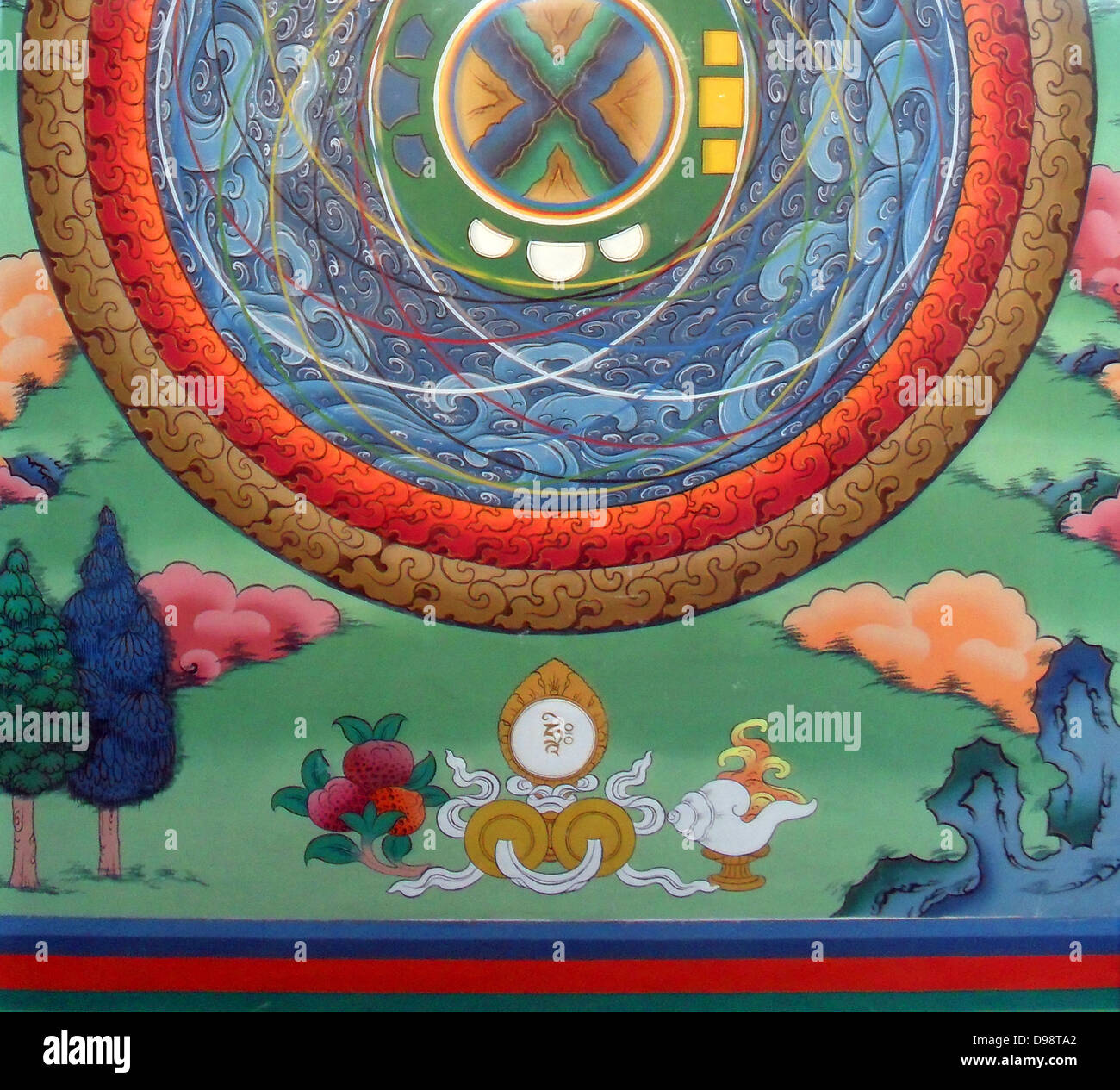 Detail aus einem 20. Jahrhundert buddhistische Mandala Darstellung des Kosmos Stockfoto