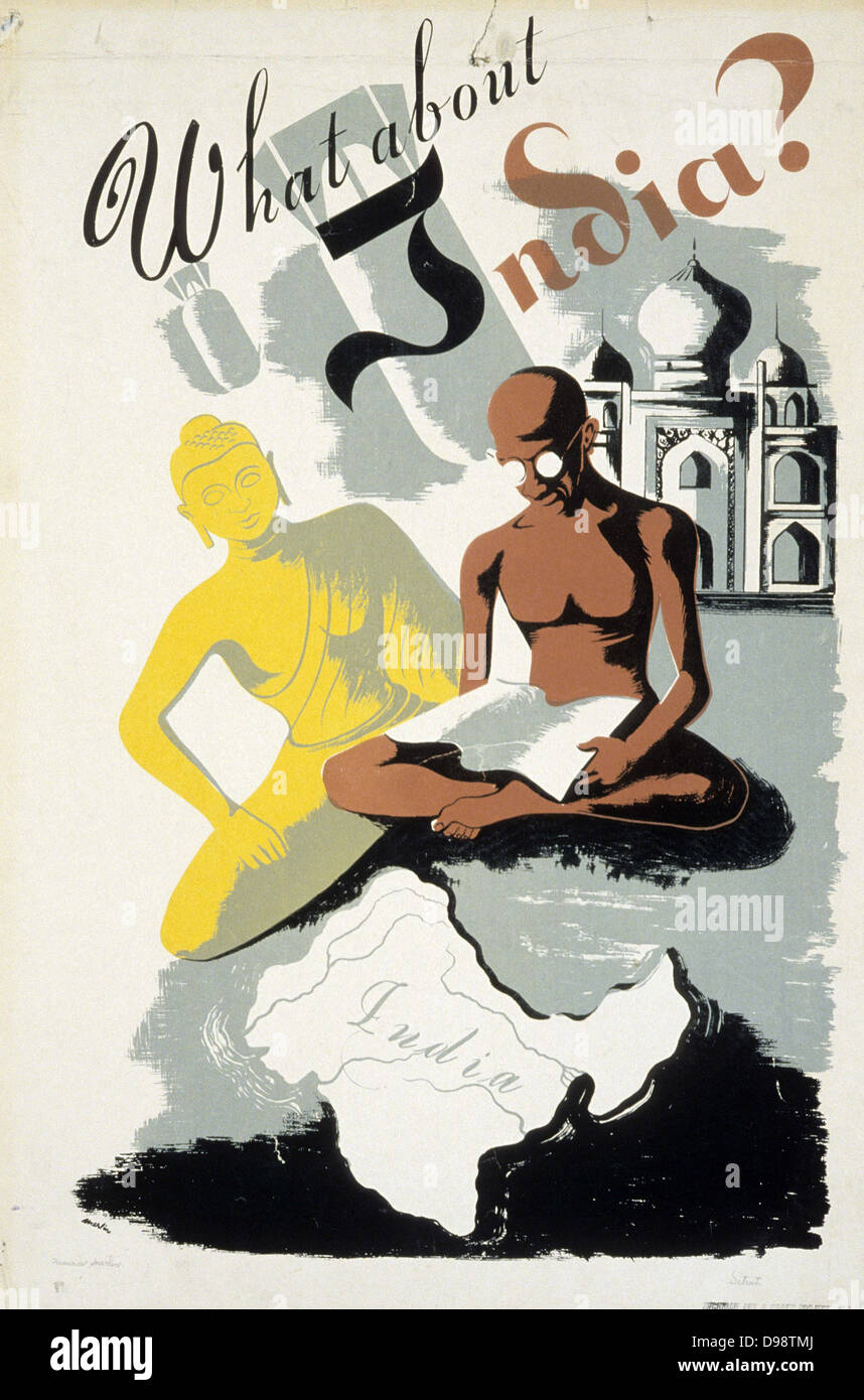 Und was ist mit Indien?', 1940er Jahre amerikanische Poster über die Zukunft Indiens nachdenken. In der Mitte ist Gandhi, hinter ihm das Taj Mahal und zu seiner Linken Buddha. Stockfoto