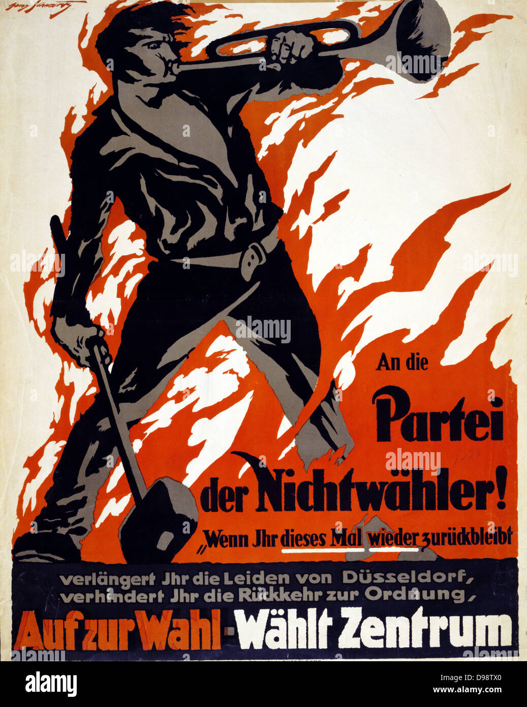 Deutsche politische Plakat für die Wahl 1919. Text appelliert an Düsseldorf  Wähler, sagen, daß durch die Abstimmungen sind die Verlängerung der Leiden  und Verzögerung der Rückkehr der Bestellung. Man Flammen Bugle Mallet
