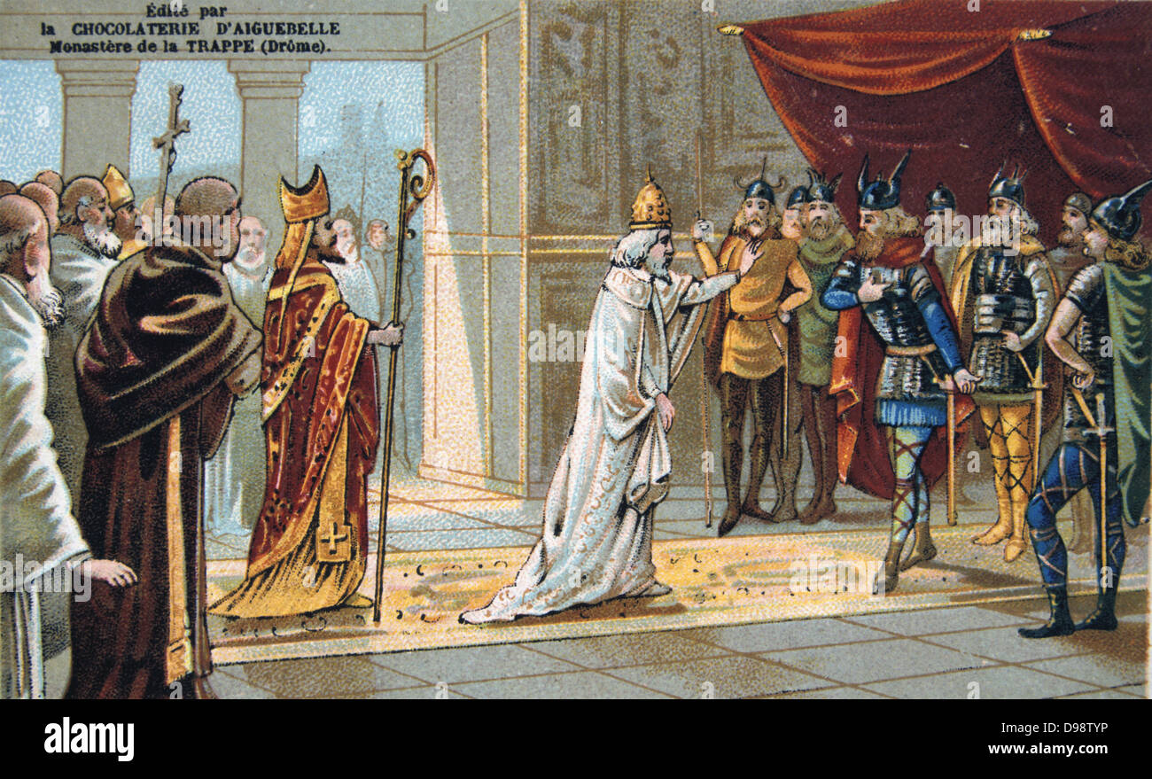 Papst Stephan II (III) in Paris fragen Pippin der Kurze um Hilfe gegen die Langobarden. Pippin oder Pippin (714-768), König der Franken von 751, Vater Karls des Großen. 19. Jahrhundert Handel Karte Chromolithograph Stockfoto