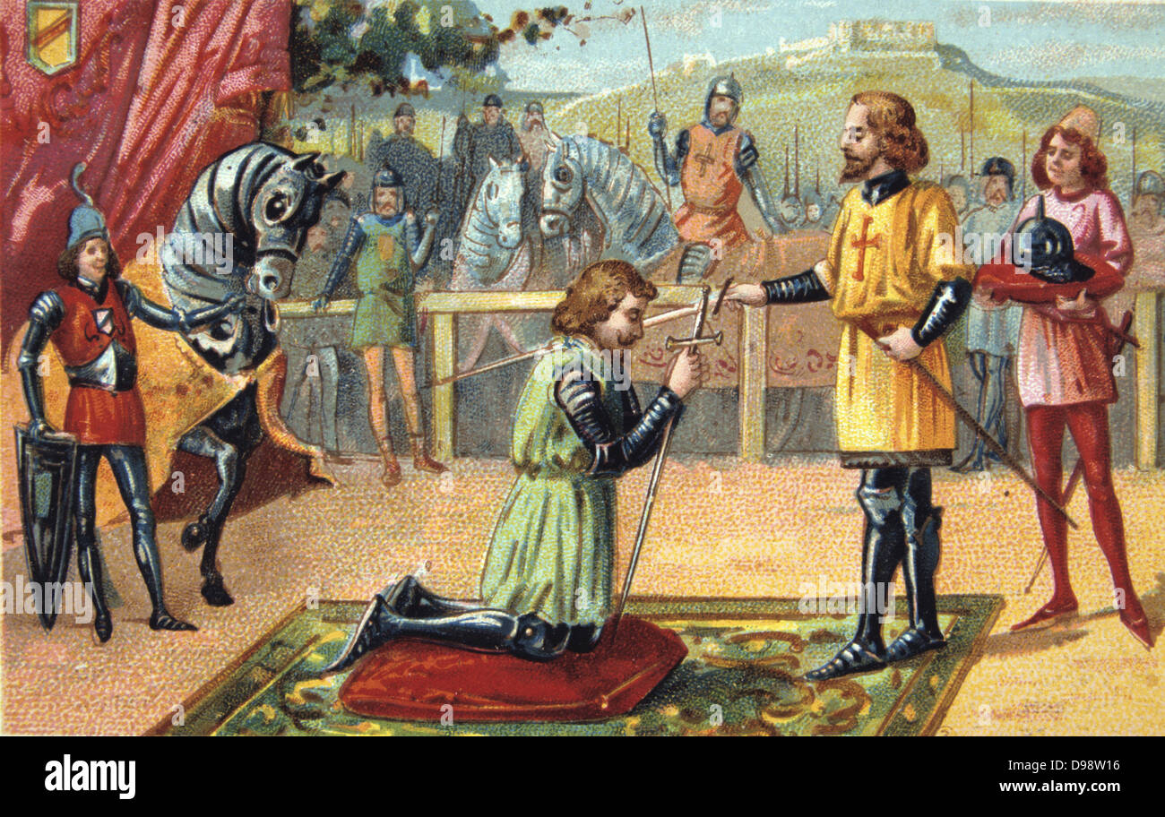 Das rittertum im Mittelalter. Soldat, der seine Sporen als Ritter erstellt gewonnen. Cavalier Krieg militärische Europa des neunzehnten Jahrhunderts Handel Karte Chromolithograph Stockfoto