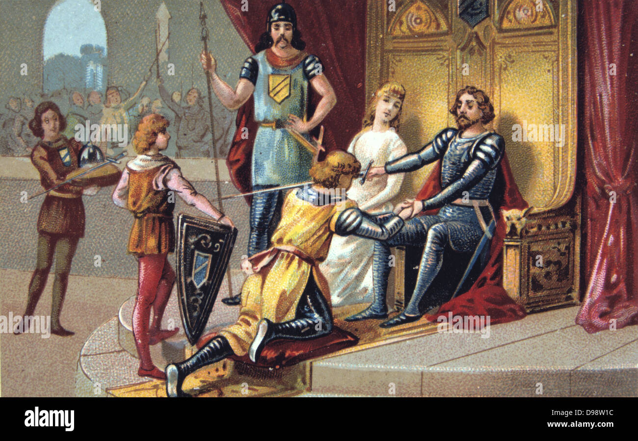 Das rittertum im Mittelalter. Ein Ritter eine Hommage an den Herrn. Cavalier Krieg militärische Europa des neunzehnten Jahrhunderts Handel Karte Chromolithograph Stockfoto