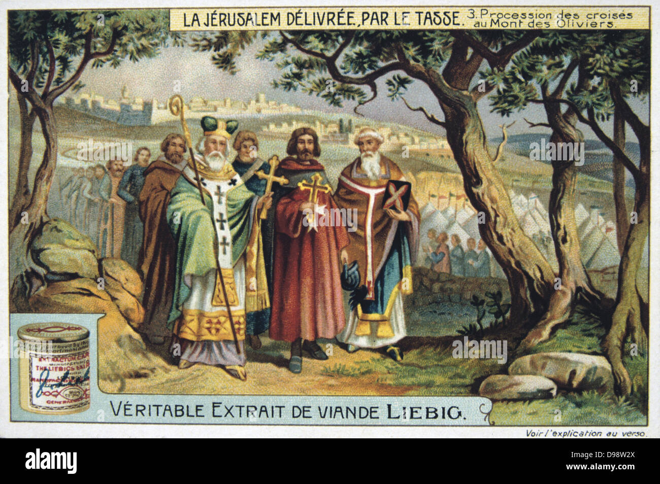 Das Befreite Jerusalem' (1580) episches Gedicht von Torquato Tasso, italienischer Dichter. Fiktionalisierte Geschichte Der erste Kreuzzug 1095-1099. Kreuzfahrer Verarbeitung zum Ölberg. Liebig Handel Karte c 1900. Chromolithograph. Stockfoto