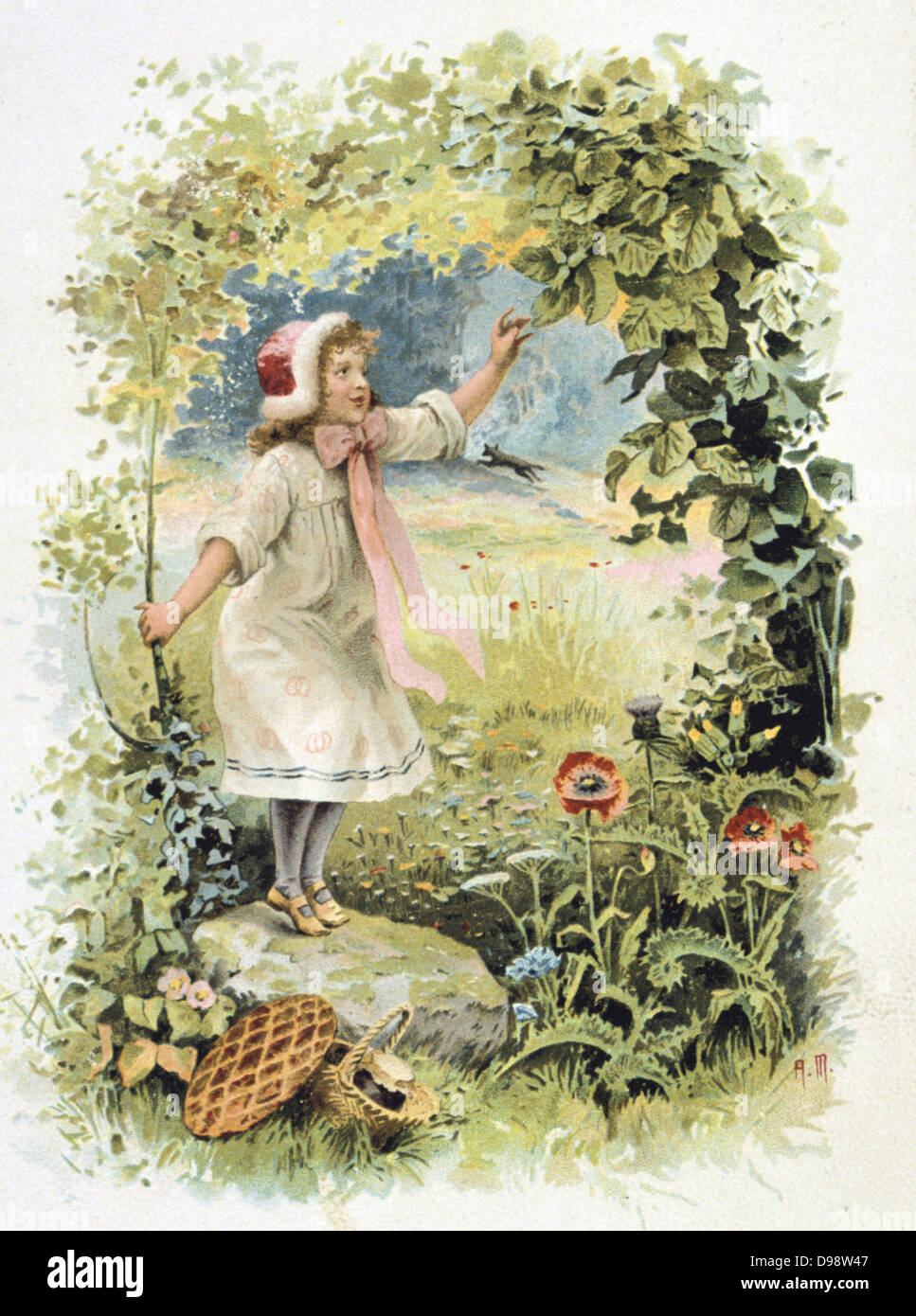 Rotkäppchen im Wald auf dem Weg zu ihrer Großmutter zu sehen. Französische Handel Karte c 1900 veranschaulicht die Märchen von der französische Autor Charles Perrault (1628-1703). Literatur Juvenile Chromolithograph Stockfoto