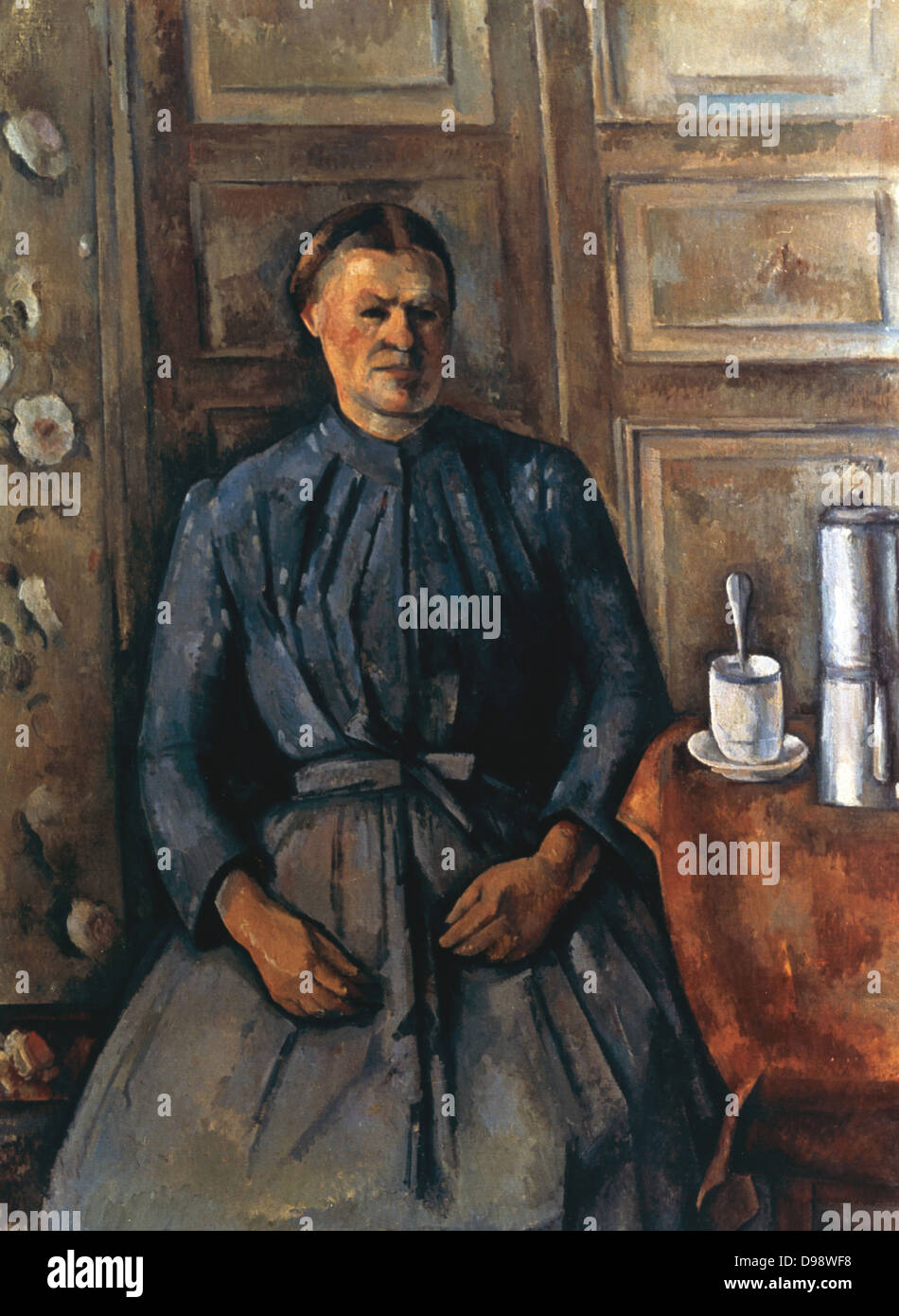 Frau mit einer Kaffeekanne', 1890-1895. Öl auf Leinwand. Paul Cezanne (1839-1906) French Post-Impressionist Painter. Portrait sitzende Kleid Blau häusliche Interieur Stockfoto